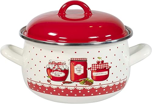 Red Co. Utensilios de cocina esmaltados grandes de 9 pulgadas, olla de inducción de metal profundo con tapa, impresión de diseño de margarina roja