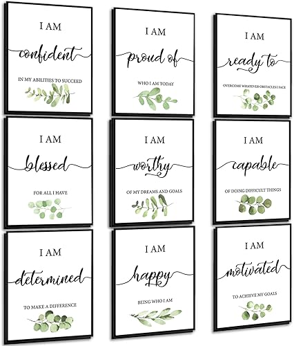 Whaline 9 piezas inspiradoras de arte de pared con afirmaciones verdes, arte de pared, póster motivacional para aula, para escuela, oficina, hogar,