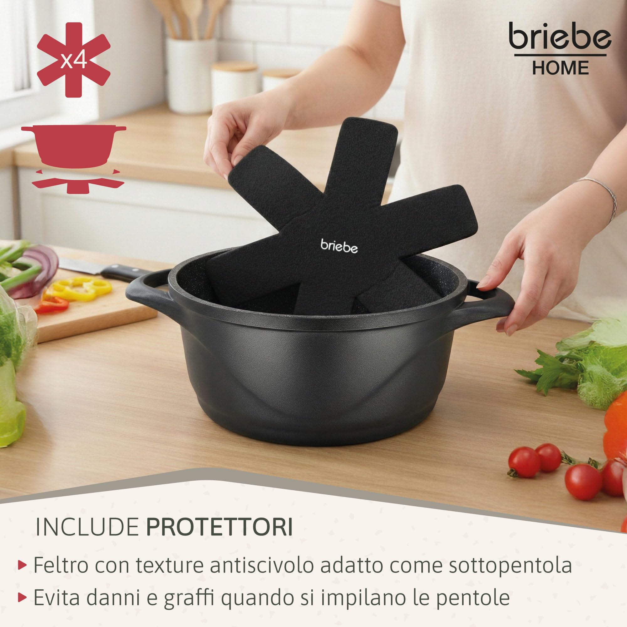 briebe Set Pentole Induzione Batteria 8 Pezzi, 4 Casseruola, Alluminio Pressofuso, Antiaderente ILAG GRANITEC senza PFOA, Coperchi in Vetro, Guanti in Silicone, Vetroceramica, Gas, Forno, MGK-12S