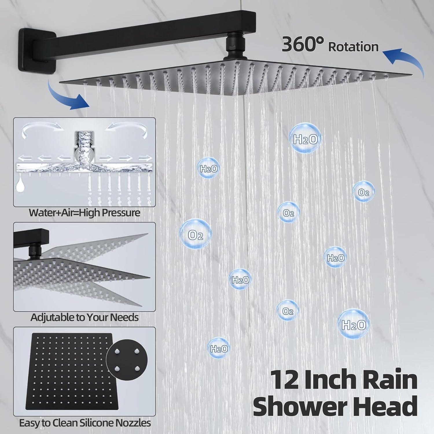 Image showing the 12-inch rainfall shower head with arrows indicating 360-degree rotation and details about air injection technology and easy-to-clean silicone nozzles.