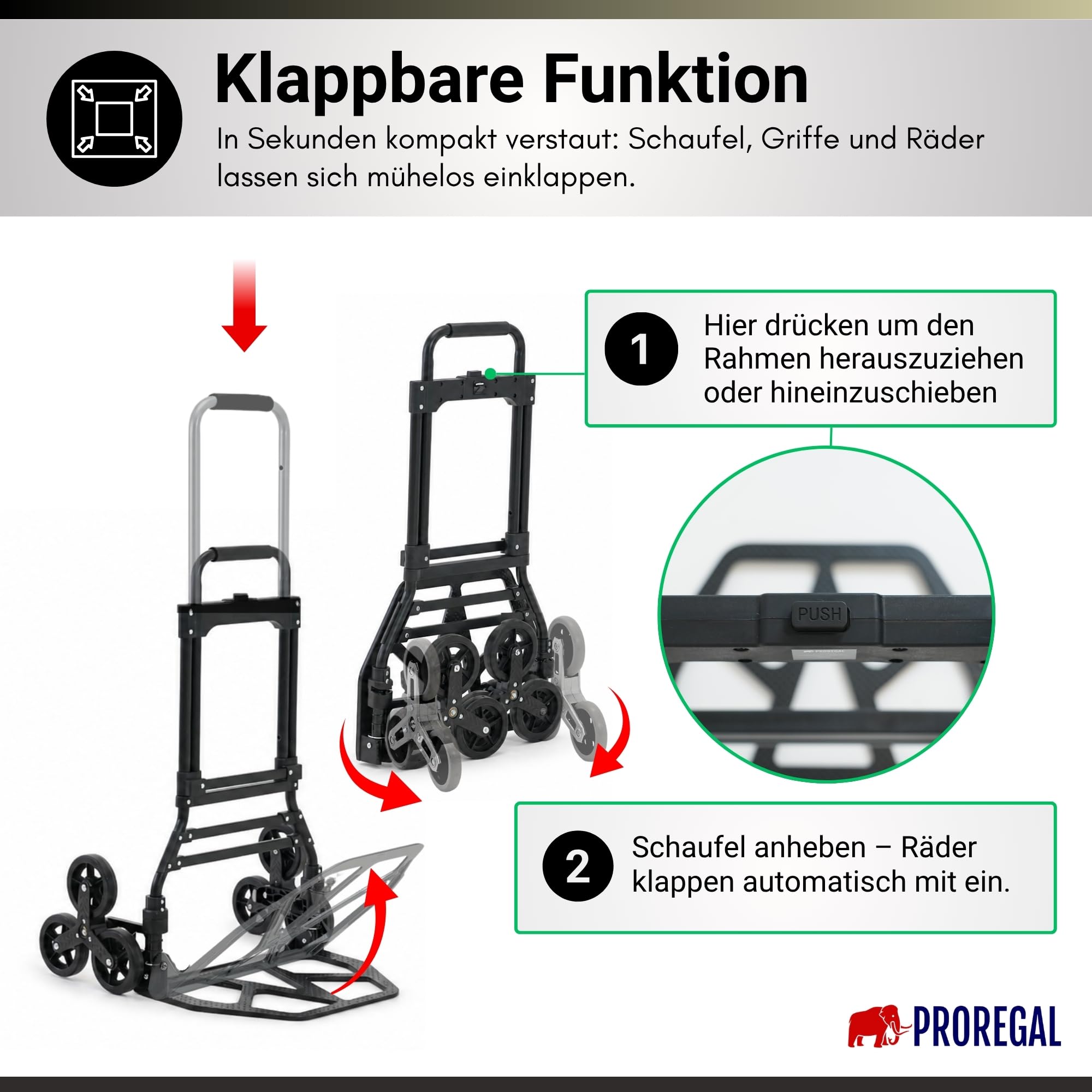 PROREGAL Klappbare Treppensackkarre Elephant | große Schaufel | Traglast 150kg | 6,8 kg leicht | Aluminium, Vollgummireifen Teleskopgriff 100 cm | Schwarz | Sackkarre Transportkarre für Treppen