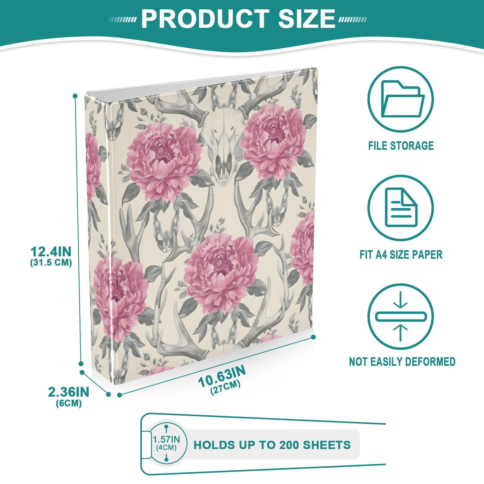 Raccoglitore a 3 anelli con stampa di peonie rosa, 3,8 cm, contiene 200 fogli con 3 tasche interne in PVC trasparente, per scuola e ufficio