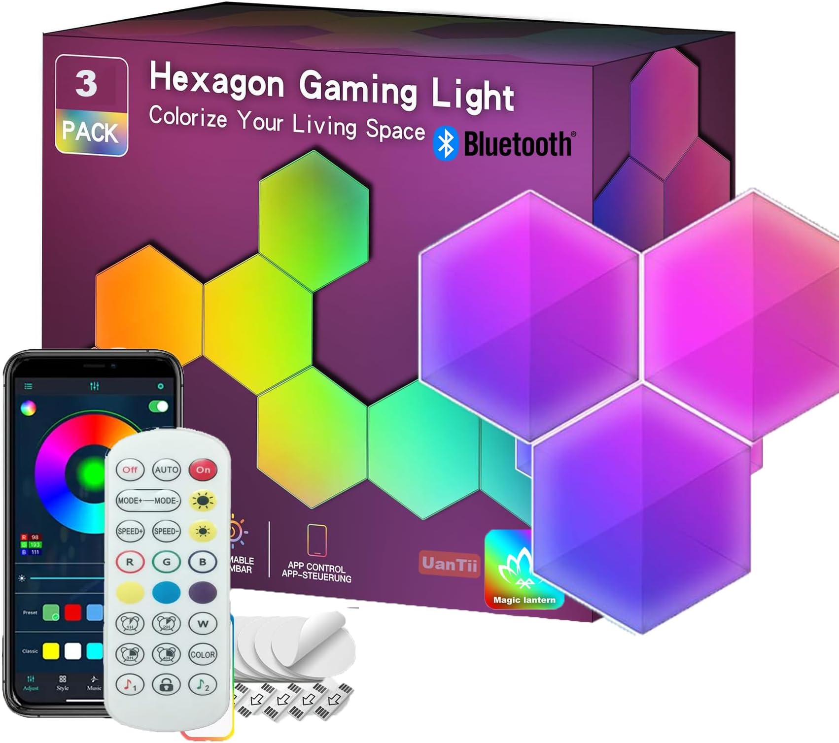 UanTii Bluetooth Smart Hexagonal Lamp,RGBIC LED Panel Light Smart Night Light Gaming Light with Bluetooth App Remote Control (Bluetooth-3pcs)