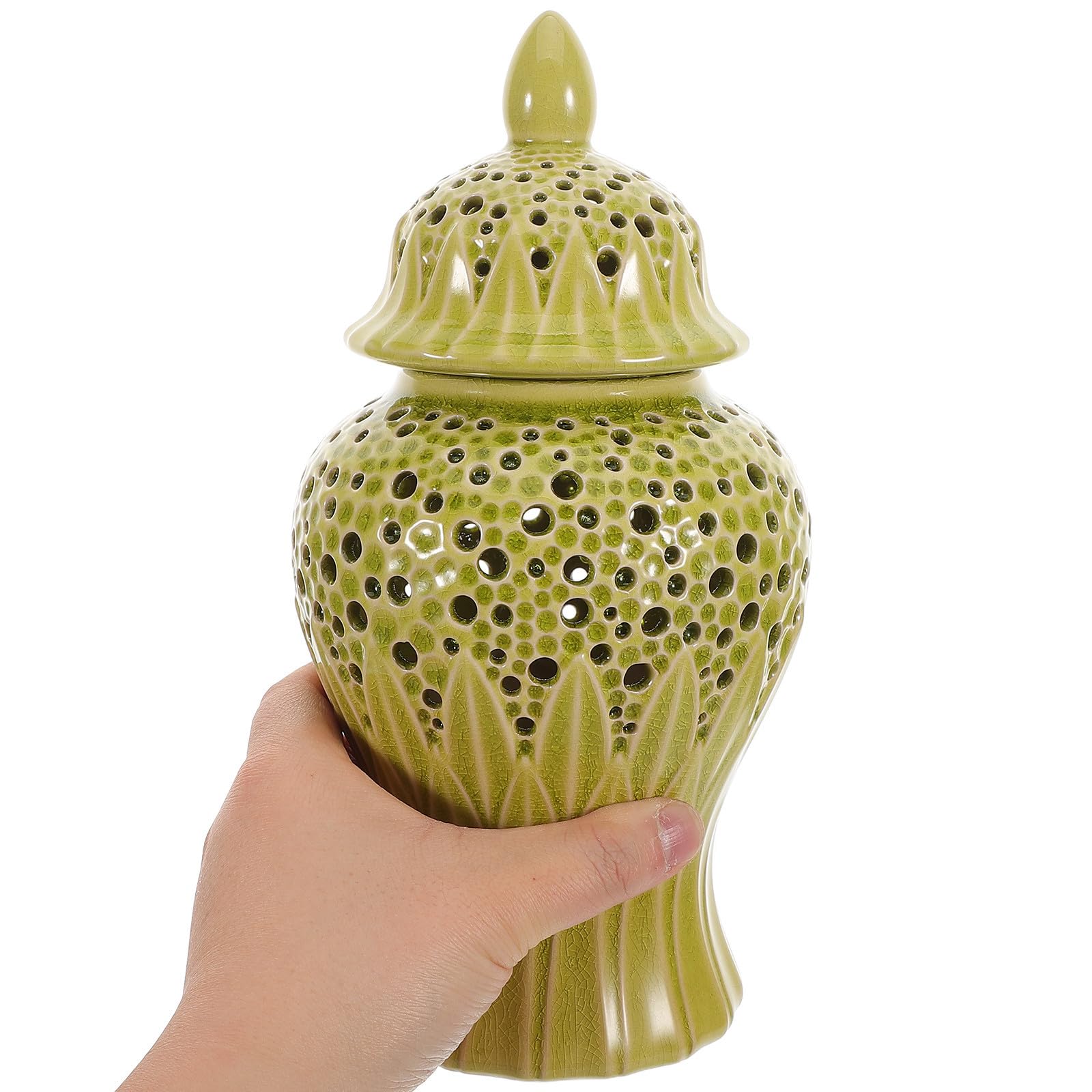 Vaso Decorativo in Ceramica Stile Giara con Coperchio Verde Chiaro