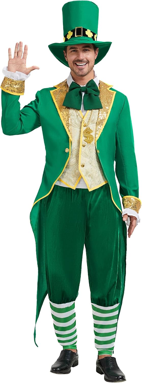 Leprechaun Costume Men St. Patrick's Day Green Adult Irish Lucky Suit 6pcs Set Outfit Jacket for Party Halloween