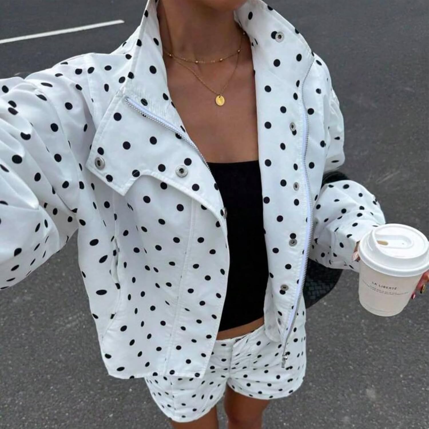 Songling Women Polka Dot Jacket Lightweight Zip Up Coat 2026 Trendy Fall Outfits Cropped Spring Jackets with Pockets
