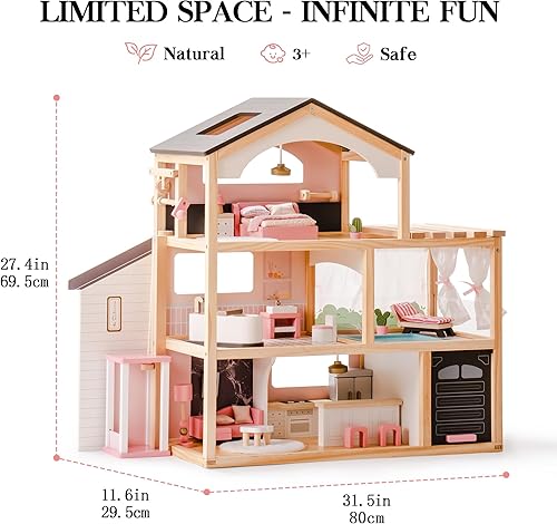 Miniatura 14 de ROBOTIME Casa de muñecas de madera, casa de muñecas con juego de muebles de 29 piezas, piscina y ascensor, casa de muñecas de madera para muñecas