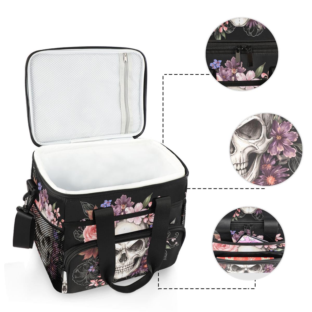 ALAZA Sugar Skulls Rose Große Kühltasche Lunchtasche wasserdichte Kühltasche für Camping, Picknick, Grill, Familie Outdoor-Aktivitäten Large Multi02