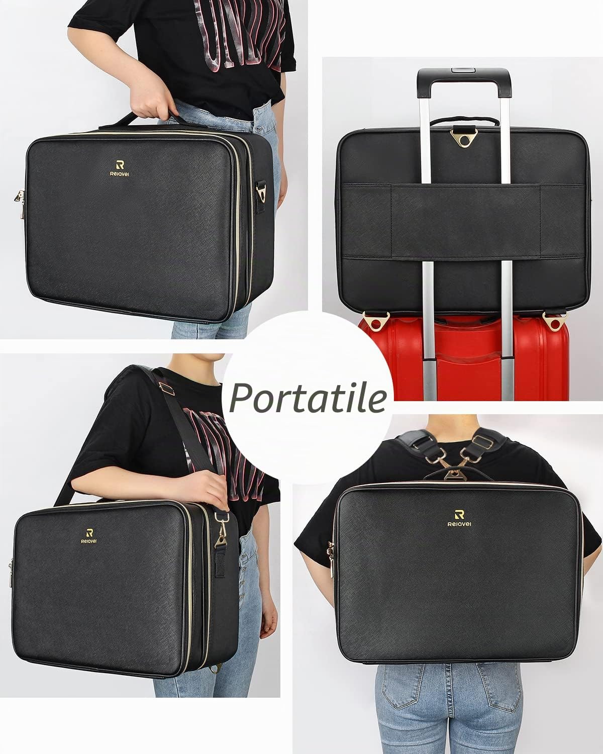 Relavel Valigetta per trucchi extra large con 4 borse per trucchi, set di beauty case professionale, organizer da viaggio portatile con divisori regolabili, Nero , Valigetta per trucchi extra grande