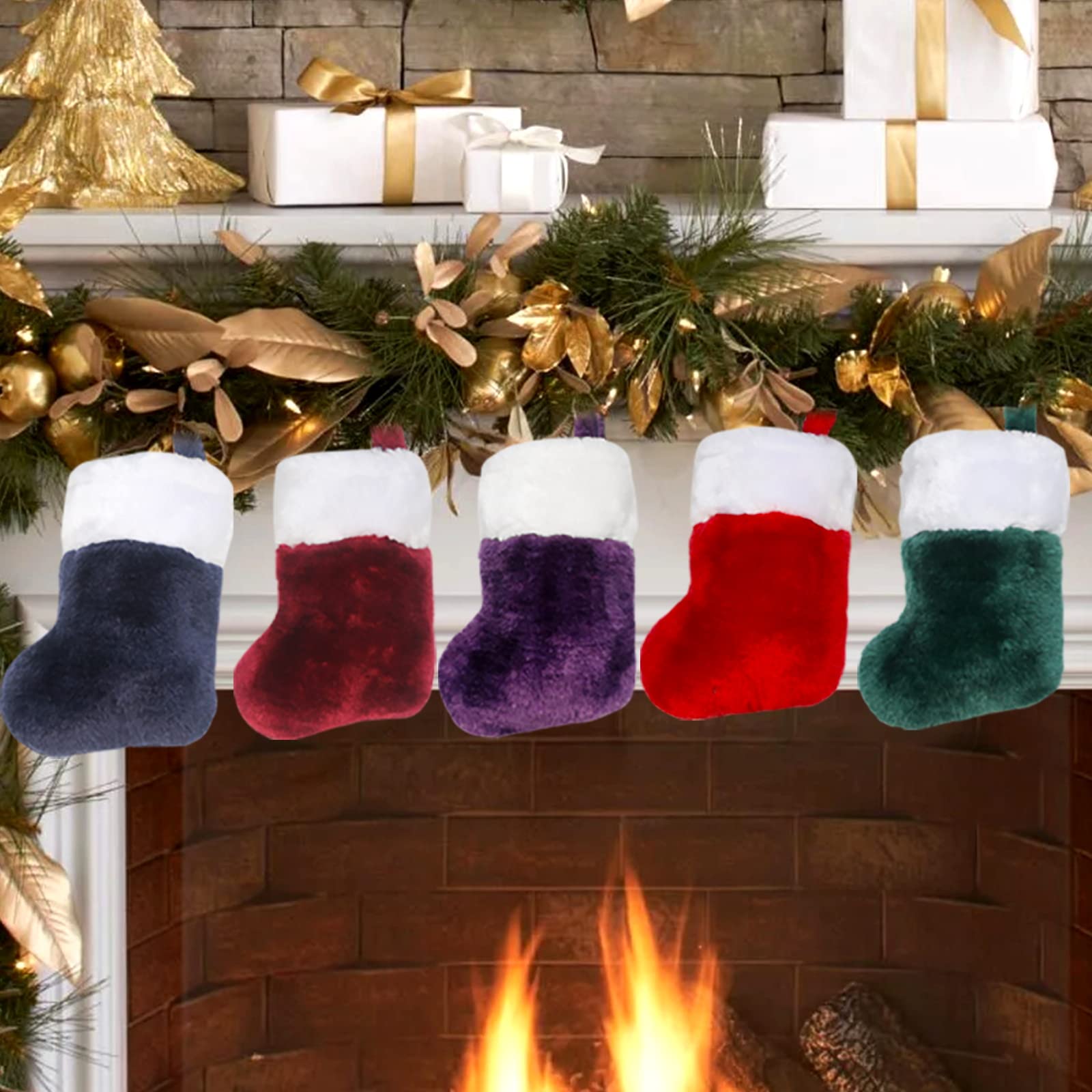 7Inch Christmas Stockings 5PIC Colorful Christmas Stocking Personalized Christmas Stocking Plush Cuff Red White for Family Holiday Xmas Party Decor