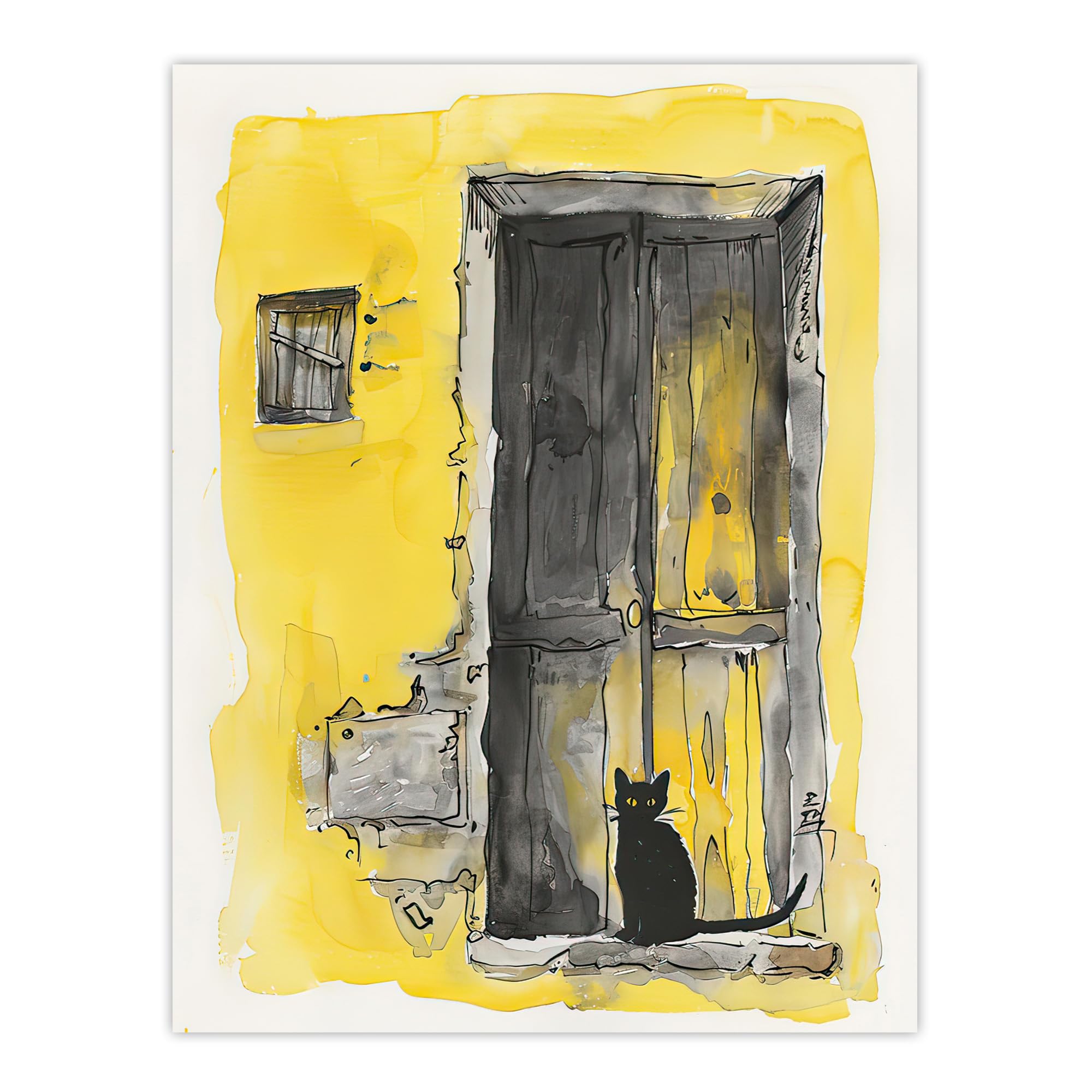 Artery8 Black Cat in Doorway Rustic Yellow Watercolour Living Room Extra Large XL Wall Art Poster Print