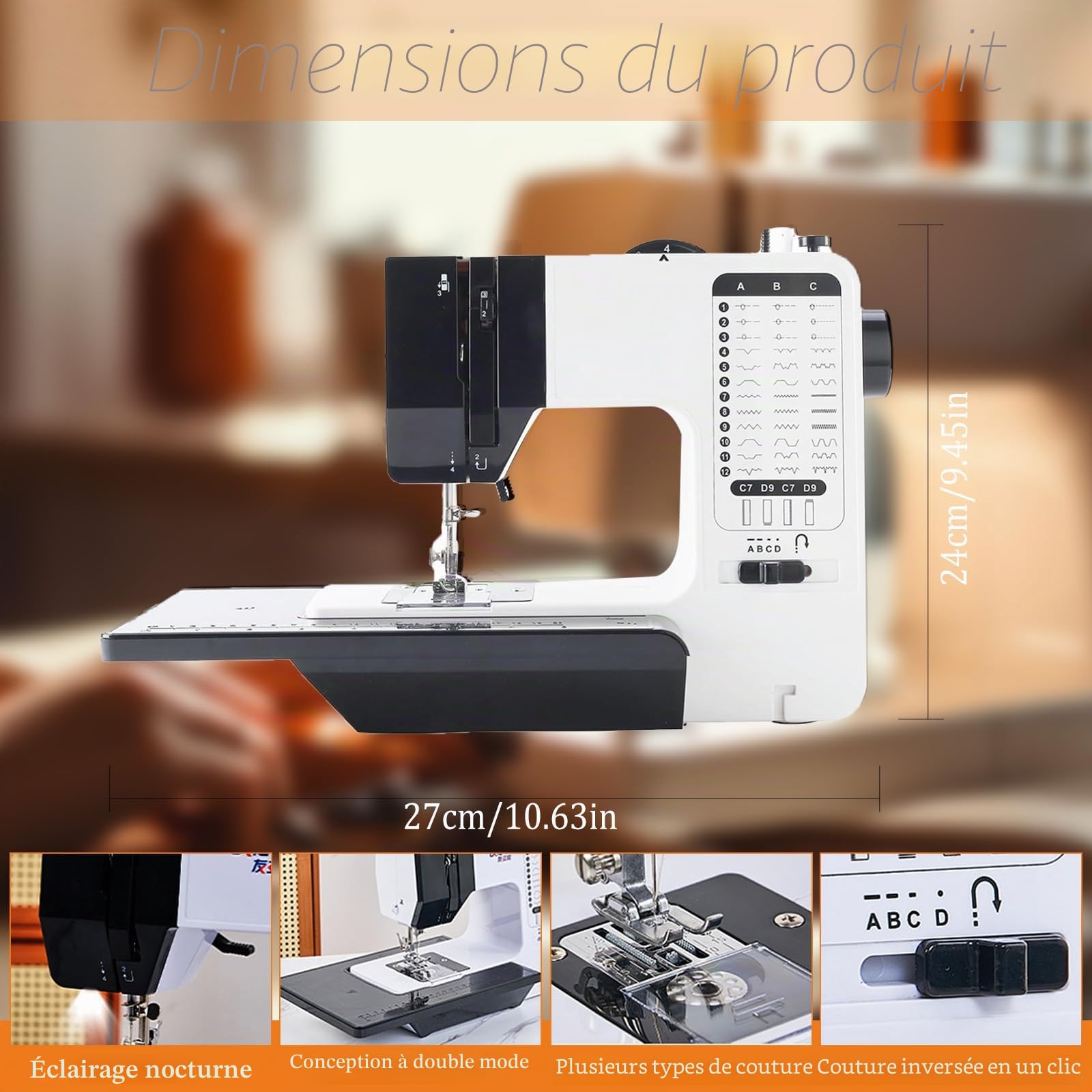 Machine à coudre avec table coulissante, 38 programmes de point, machine à coudre électrique portable avec lumière LED et pédale de pied, kit d'accessoires de couture, mini machine à coudre pour