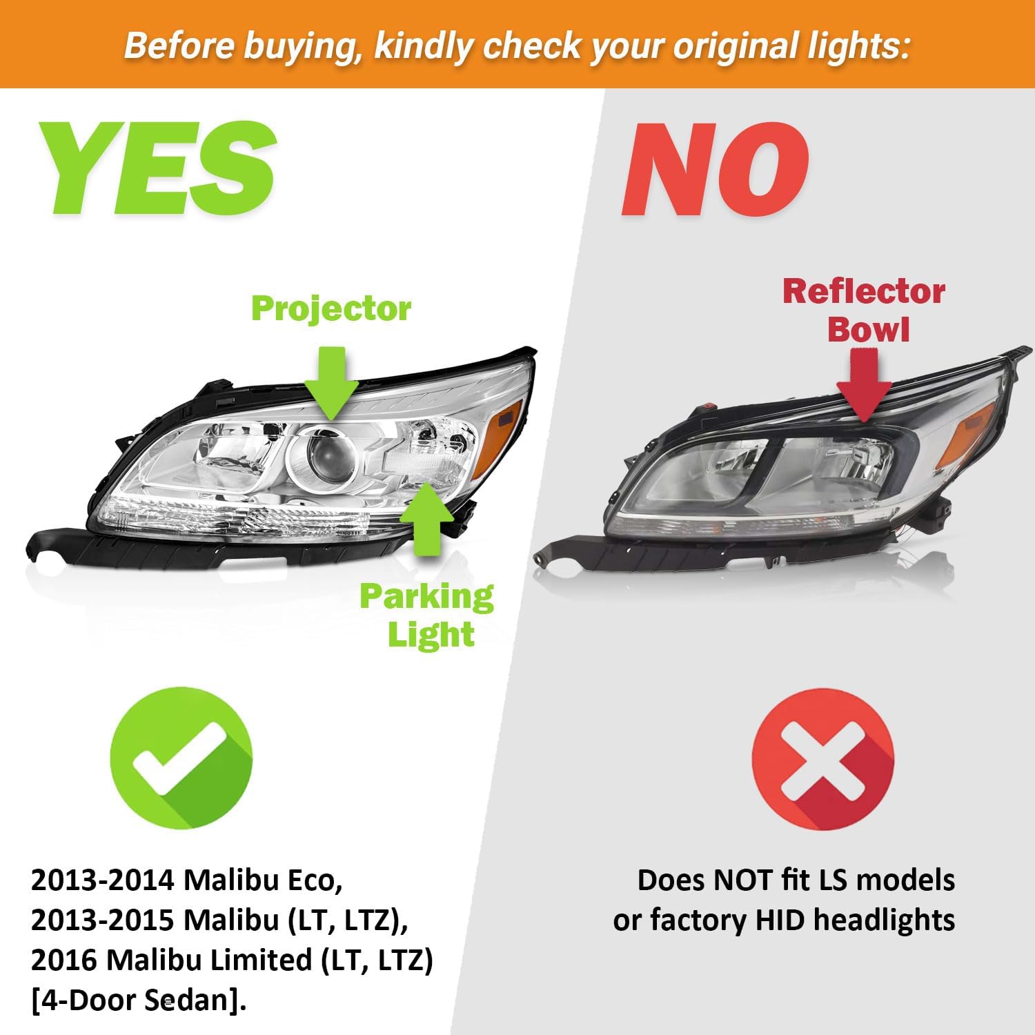 WEELMOTO Headlights for 2013-2014 Malibu Eco / 2013-2015 Chevy Malibu (LT, LTZ) Replacement Assemblies, Chrome Housing Amber Reflector L+R