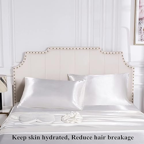 Miniatura 10 de Funda de almohada de satén para cabello y piel, juego de funda de almohada de seda vegana, 2 fundas de almohada de satén rosa, 1 máscara de ojos, 1