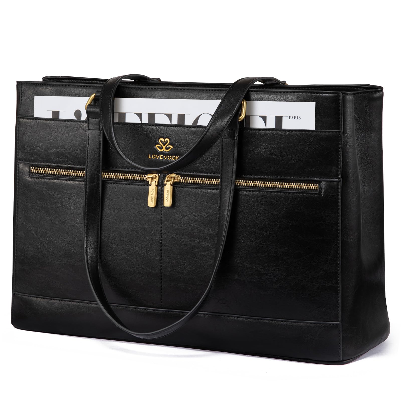 LOVEVOOK Handtasche Damen Groß, 15,6 Zoll Laptoptasche Retro-Leder Arbeitstasche Aktentasche, Leicht Shopper Tasche Schultasche Lehrertasche, Elegant Tote Bag Handbags für Schule Büro Arbeit, Schwarz