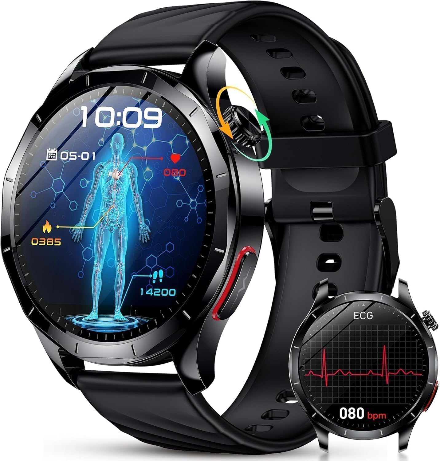 ECG Reloj Inteligente Hombre con Presión Arterial, 1.43"Smartwatch (Negro) | Frecuencia Cardíaca Spo2 Sueño Fitness Pulsera con BMI/Fatiga/Emociones para Android iOS