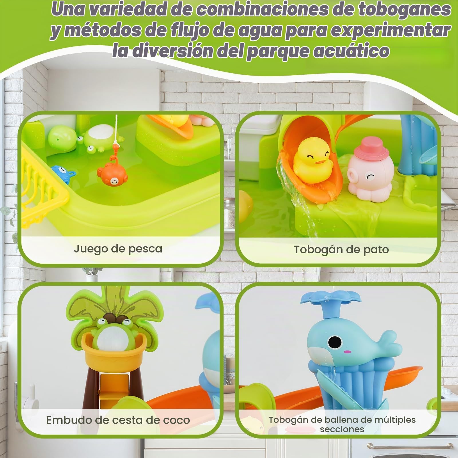 Juguetes de Cocina,Fregadero Juguete con Agua,Cozinha Criança,Juguetes de Pesca Flotantes,Circulación Automática del Agua, Accesorios de Cocina Juguetes, Regalo para niños 3+ (Verde)