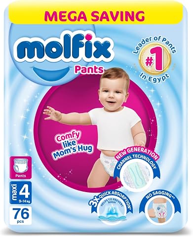 Molfix Baby Diaper Pants Size 4, Mega Pack, 9-14 KG, 76 Units, Molfix Pants Diapers, Size 4, 9-14 KG, Jumbo Pack, 76 Count, Cotton Material
