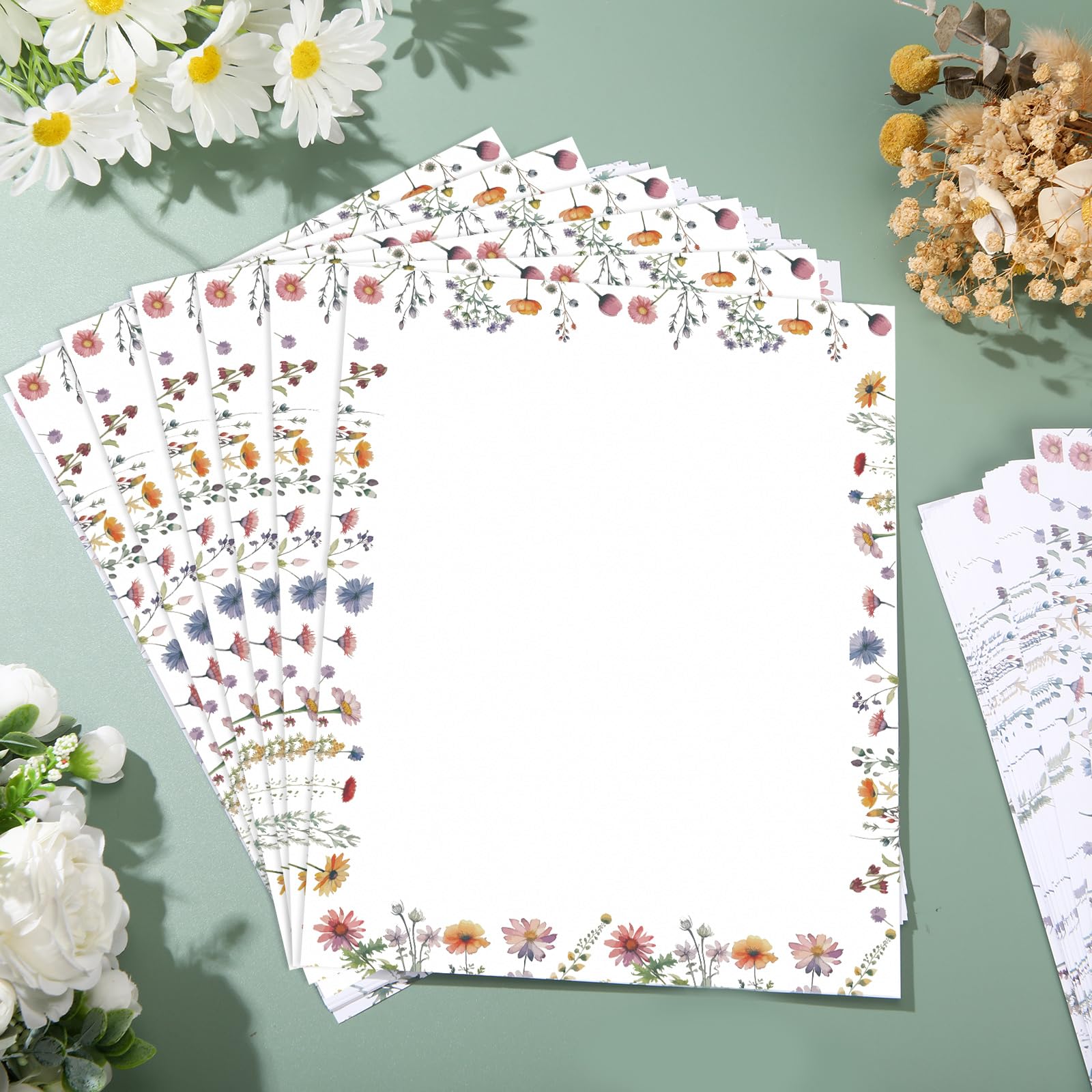 Roowest 150 fogli di carta decorativa per stampante a fiori selvatici, 21 x 27 cm, con bordo elegante, per la scuola, la scrittura, la casa, l'ufficio