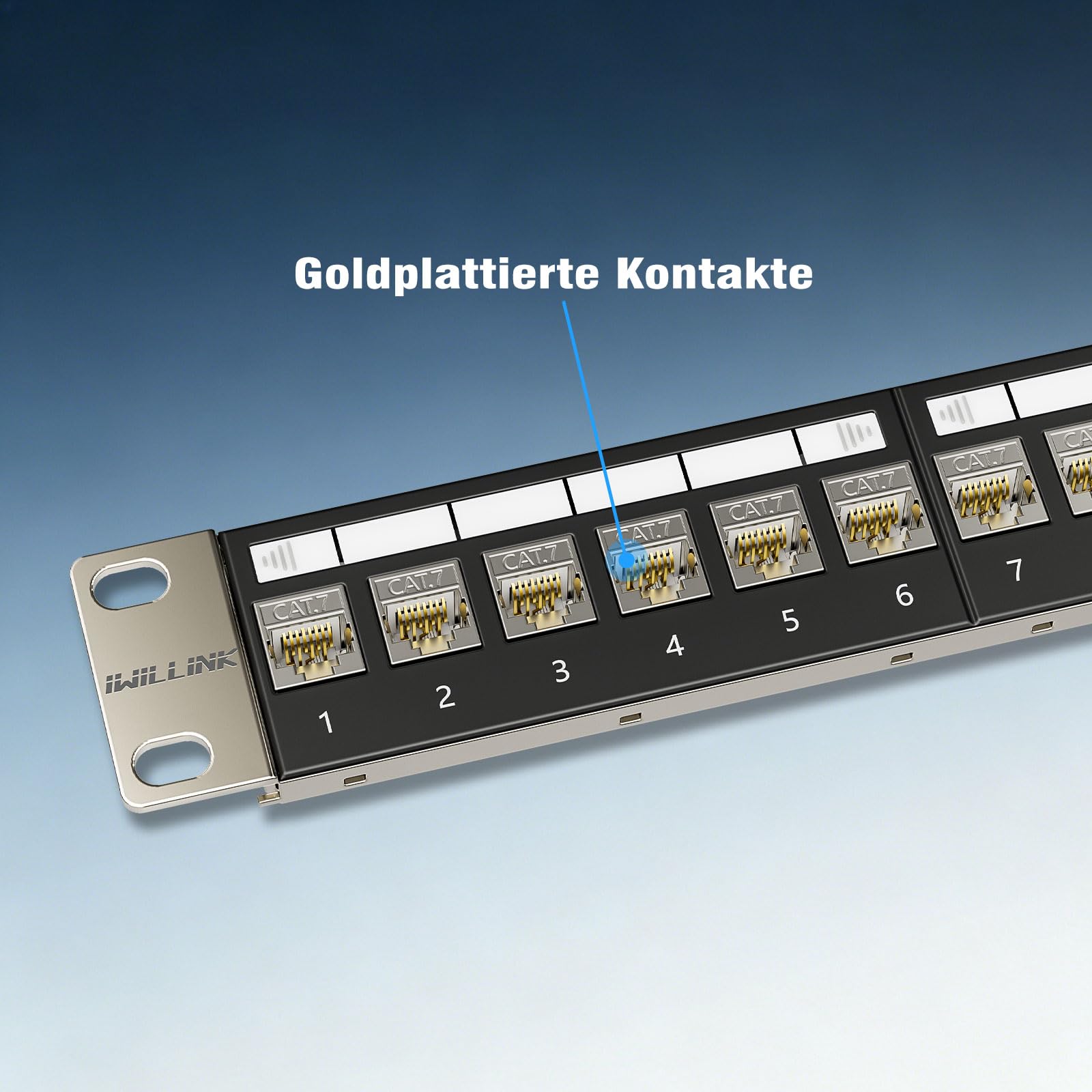 iwillink Set di pannelli patch CAT7 a 24 porte | montaggio a rack 1U 19" | 24 moduli Keystone RJ45 | 10 Gbps 600 MHz | nero
