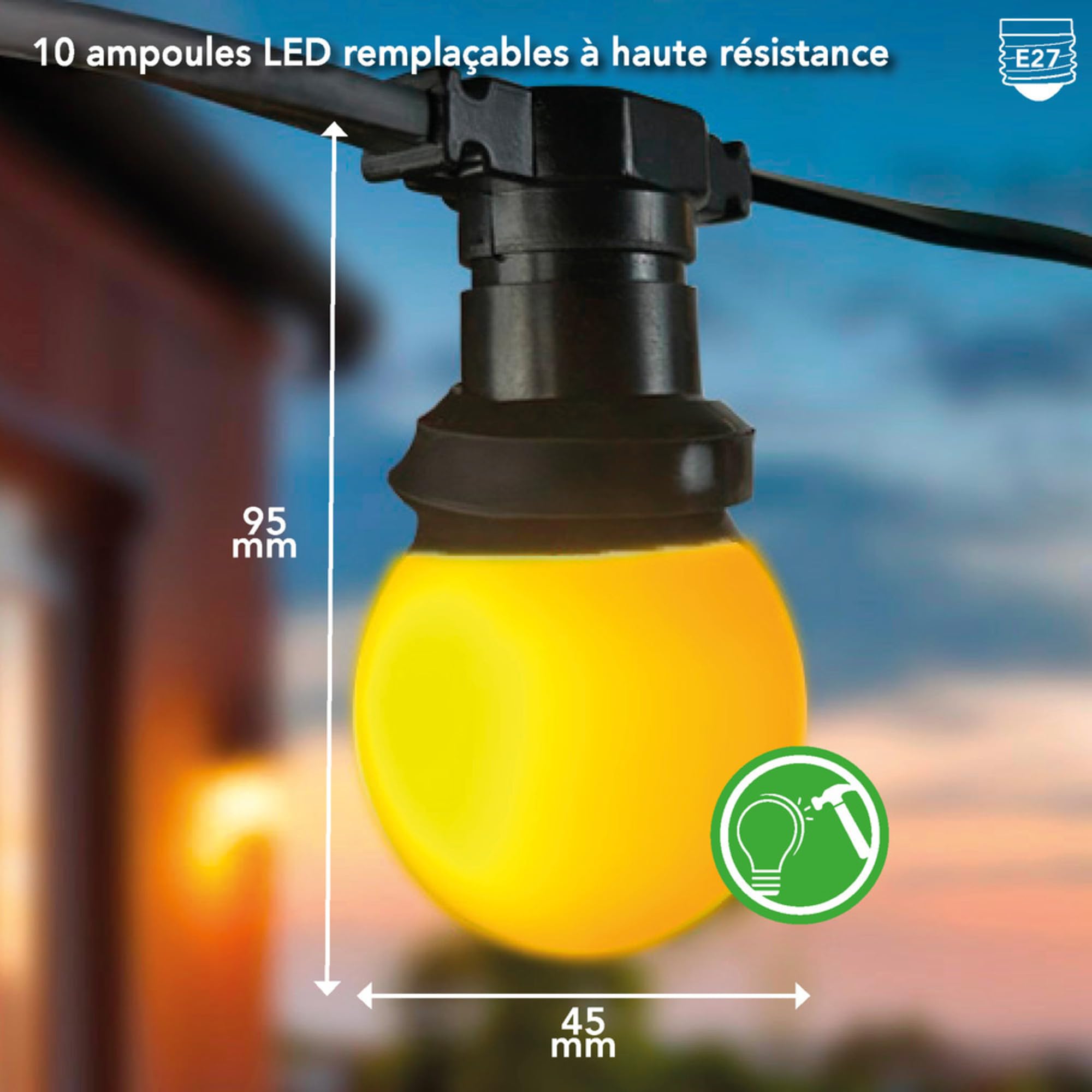 Guirlande LED 10 Ampoules E27 Coloris Assortis 10M connectable