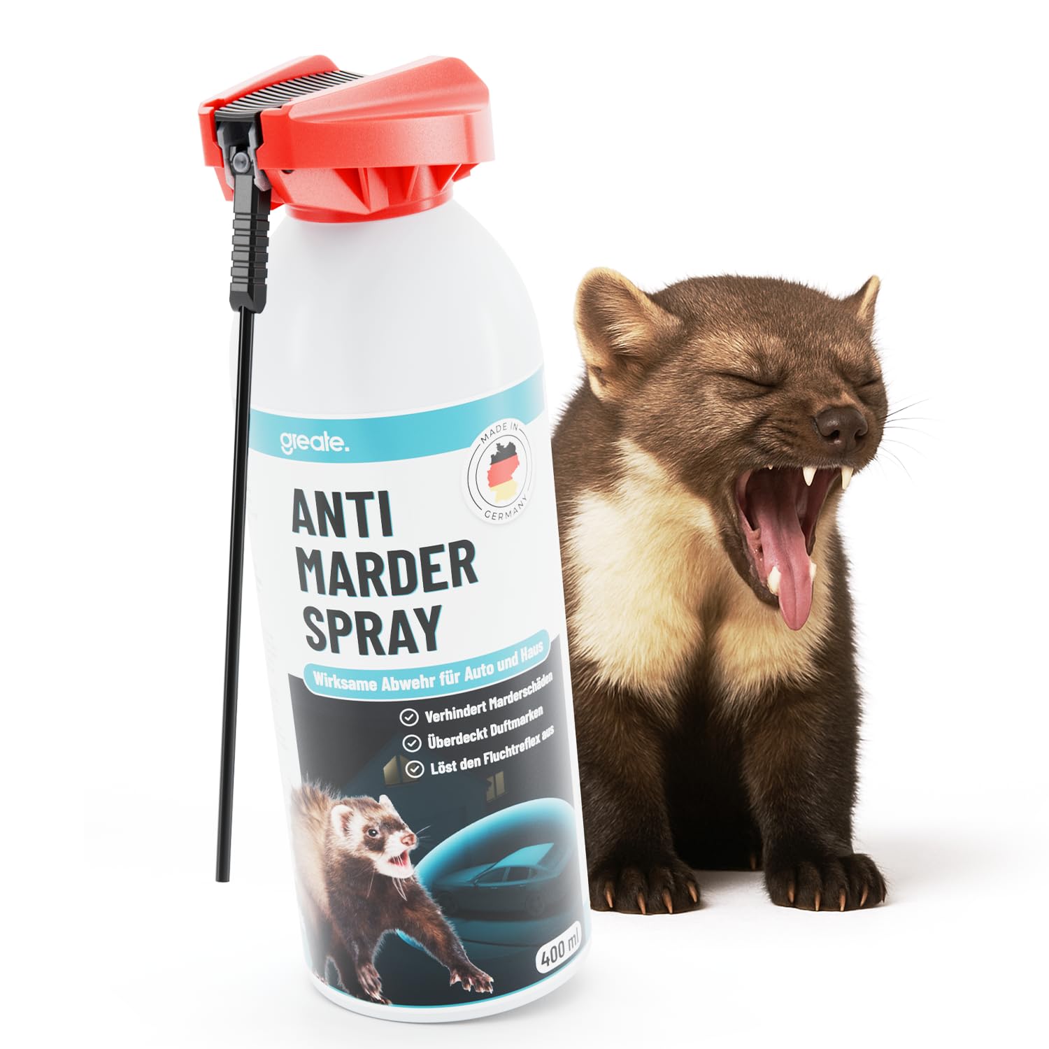 greate Anti Marderspray mit hocheffektiver Formel wirkt sofort - Marderabwehr für Auto, Dachboden & Garage - Langzeit Mader Abwehr, 400ml - Anti Marder Spray in Deutschland entwickelt & produziert