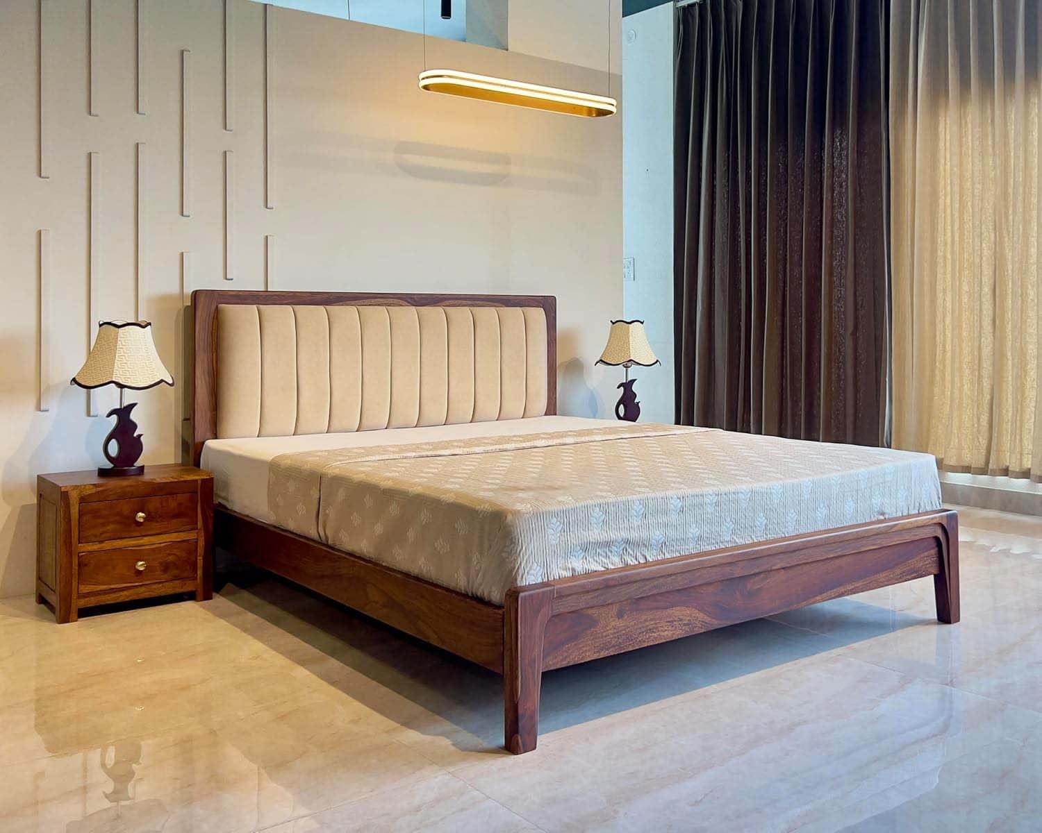 SATTVICA WOODEN Sheesham Wood Modern Platform Bed with Upholstered Head Board, Solid Wood in Natural Finish, Modern Design | King Size - (78"x72") | Without Mattress & Side Tables | Low Highted-image-41