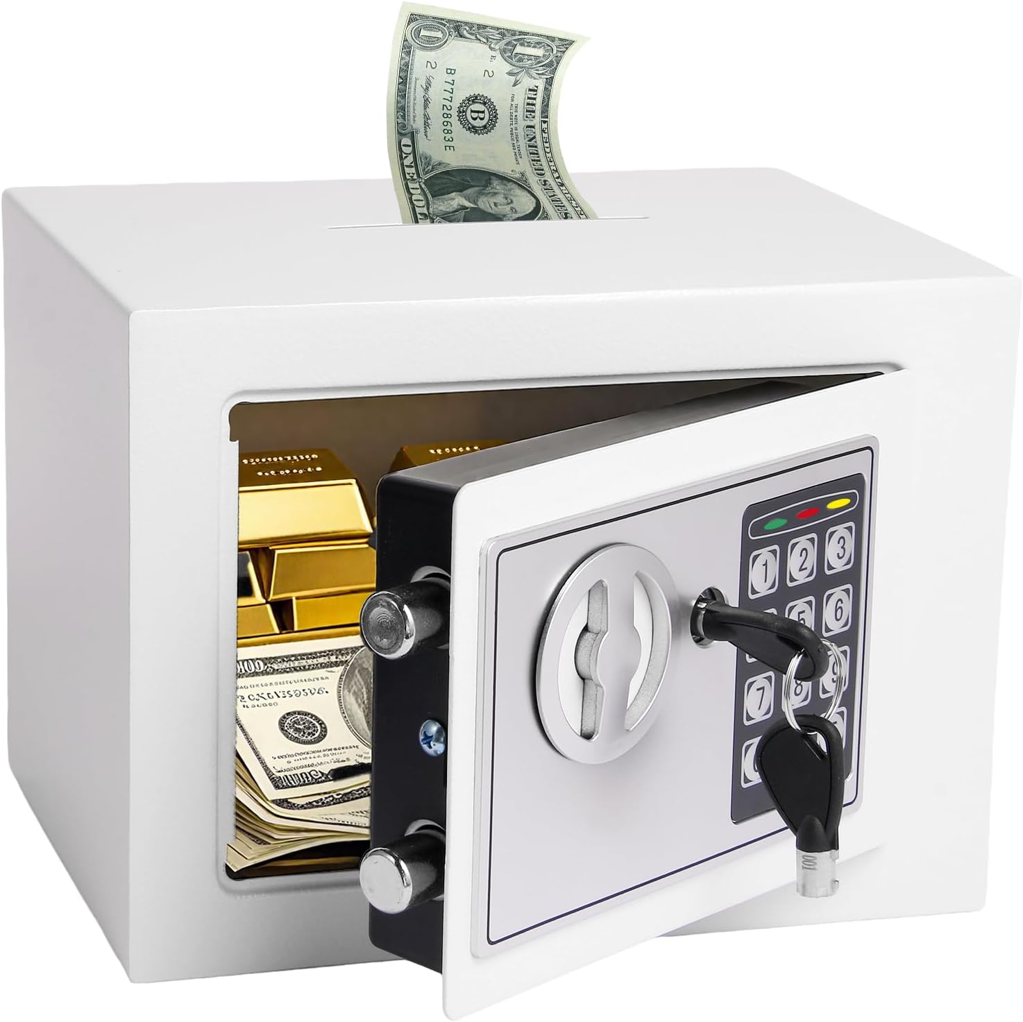 mini electronic safe box with digital keypad & keys, small safe deposit boxes with coin slot, safety boxes for home office dorm, drop-resistant & durable, for cash, jewelry (white)
