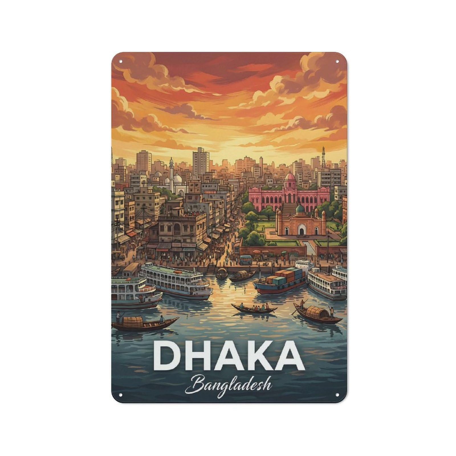 Junmoney Style-6 Dhaka Bangladesh Cityscape With River Vintage Metal Wall Sign 30X20cm For Kitchen Or Home Bar, For Garage, Workshop And Man Cave Decoration