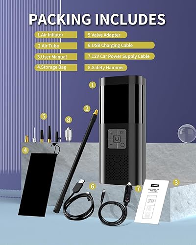 Miniatura 7 de TEMOLA Inflador de neumáticos, compresor de aire portátil, potente inflador de neumáticos inalámbrico con luz LED, mini bomba de aire, accesorios