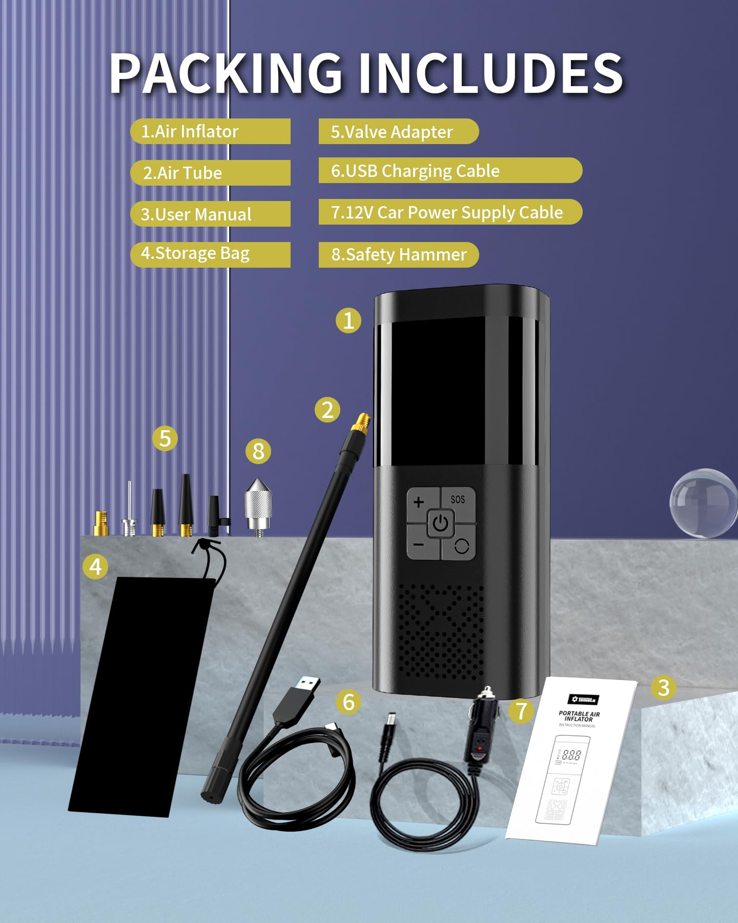 TEMOLA Tire Inflator Portable Air Compressor, Powerful Cordless Tire Inflator with LED Light, Mini Air Pump Car Accessories Essentials for Men, Tire Pump with Pressure Gauge for Car Motorcycle Bicycle