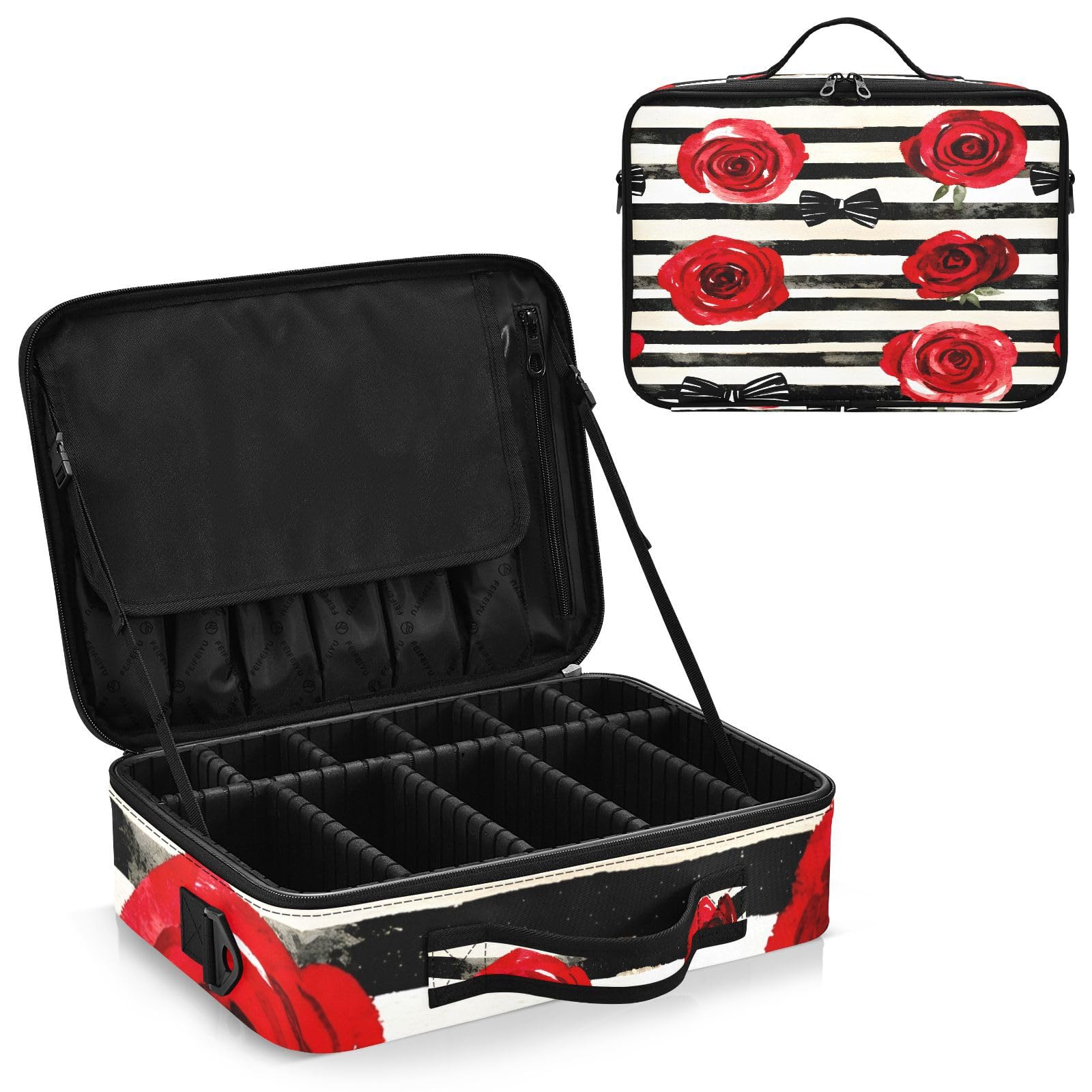 zyrtty Travel Makeup Train Case Flower Rose Black Bow Pattern Cosmetic Organizer Portable Storage Bag with Adjustable Dividers for Cosmetics Brushes Toiletry Jewelry Digital Accessories