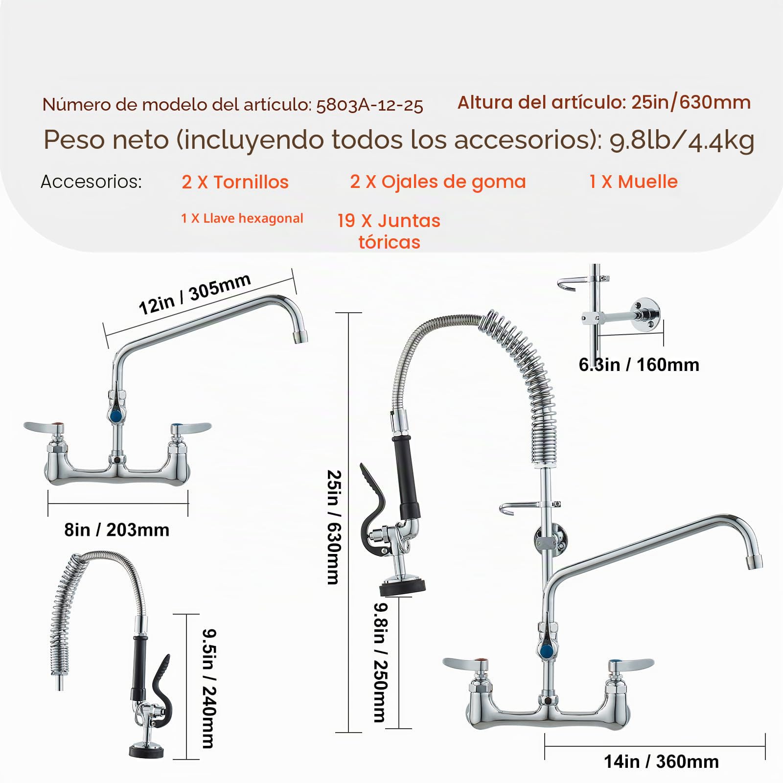 VEVOR Grifo Comercial con Pulverizador de Preenjuague, 63,5 cm de Altura, 20,32 cm de Centro, Caño Oscilante, Grifo para Fregadero de Cocina de Montaje en Pared, Dispositivo Construido en Latón