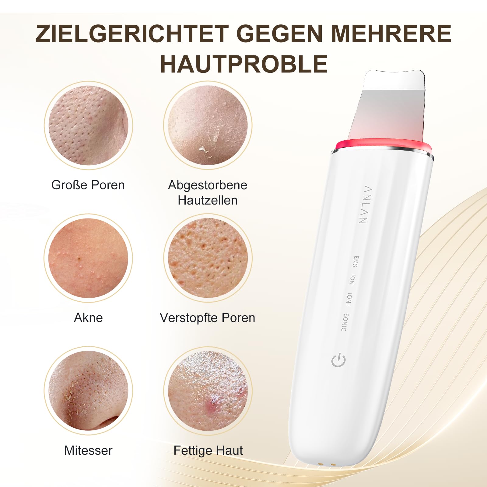 Ultraschallpeelinggerät für Gesicht, ANLAN IPX7 Wasserdicht Ultraschall Skin Scrubber 6 in 1 Gesichtsreinigungsgerät Blau Rotlichtlampe Gesicht Porenreiniger mit Type-C Ladebasis