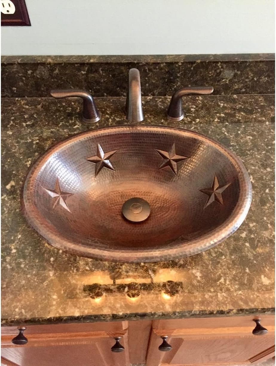 19" Oval Copper Bathroom Drop In Rolled Edge Sink with Star Design