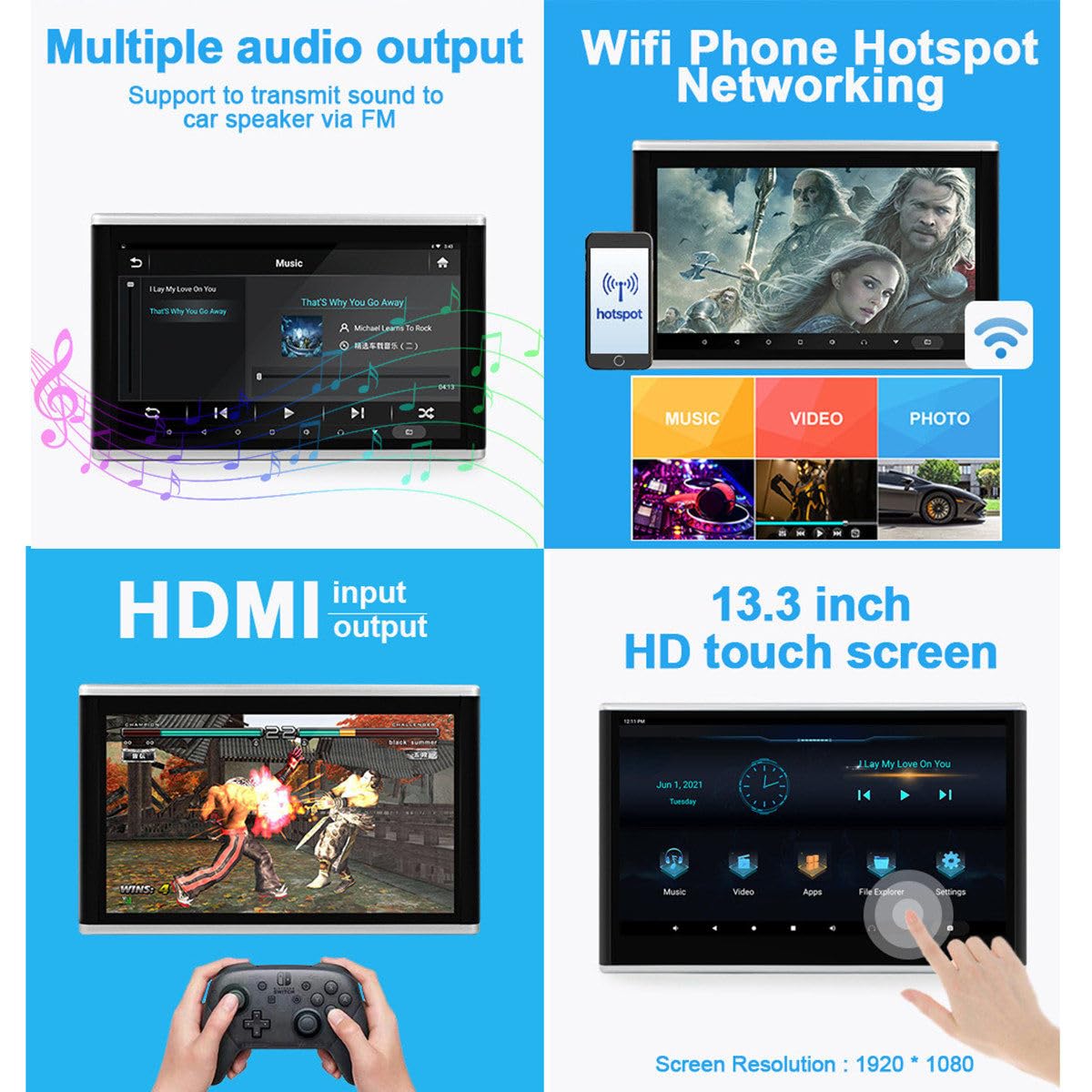Lecteur D'appui-tête, Moniteur D'appui-tête de Voiture, Lecteur VidéO 8K Pour Android 11, 3 Go + 32 Go, éCran Tactile Ips, Prise En Charge Wifi/Bluetooth/Usb/Sd/EntréE Hdmi/Sortie Hdmi/Fm,14in