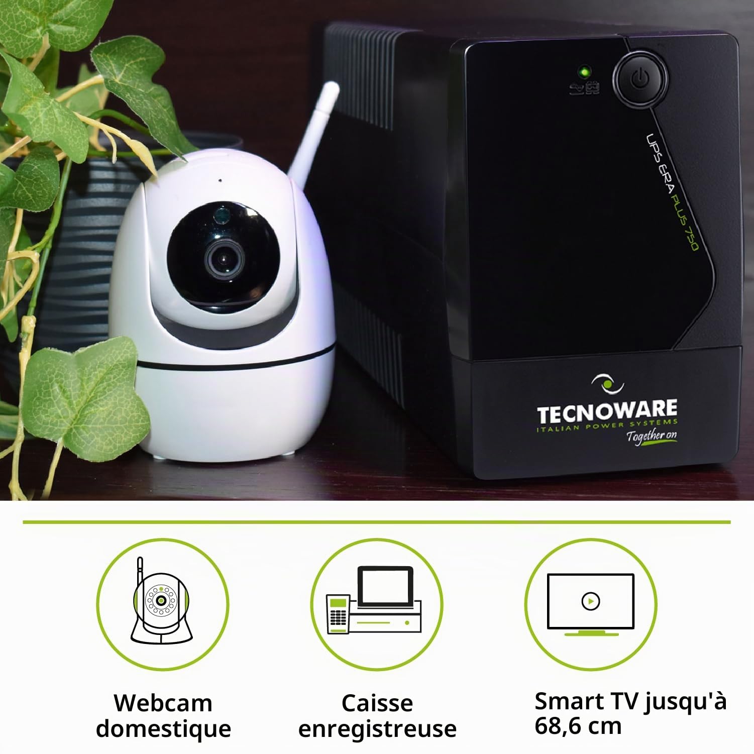 Tecnoware Power Systems UPS 750VA pour PC/Modem, pas pour gaming/console, onduleur ERA PLUS, 2 prises Schuko, protection surtension et coupure pour PC, modem, vidéosurveillance, caisse, NAS, POS