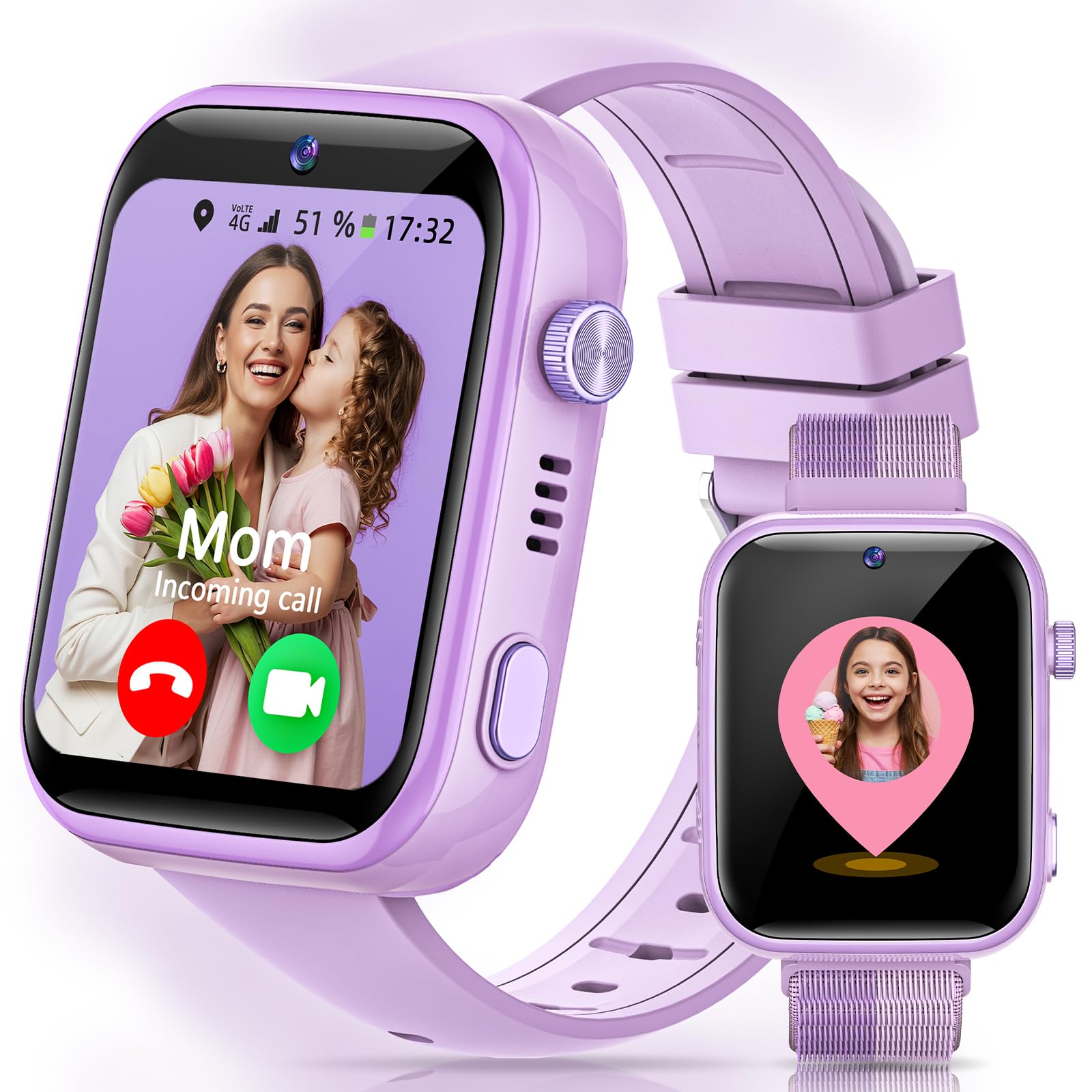 4G Smartwatch Bambini con Chiamate, Videochiamate, Chat Vocale, WiFi, GPS, SOS, SMS, Impermeabile IP68, modalità Scuola e Contapassi, Schermo HD da 1.83'' Viola