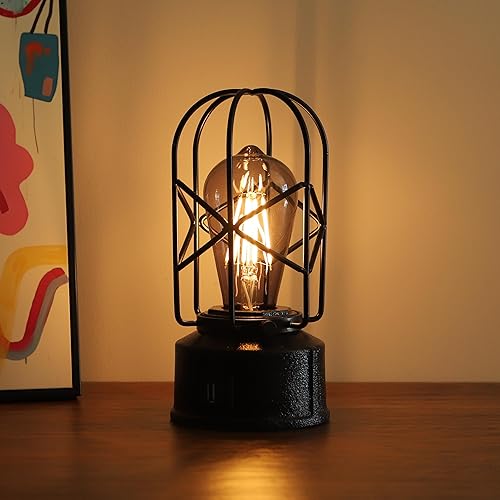 Lámpara de mesa pequeña de tacto industrial para dormitorios, lámpara de noche vintage regulable de 2 vías con puertos USB C y A, lámpara rústica,