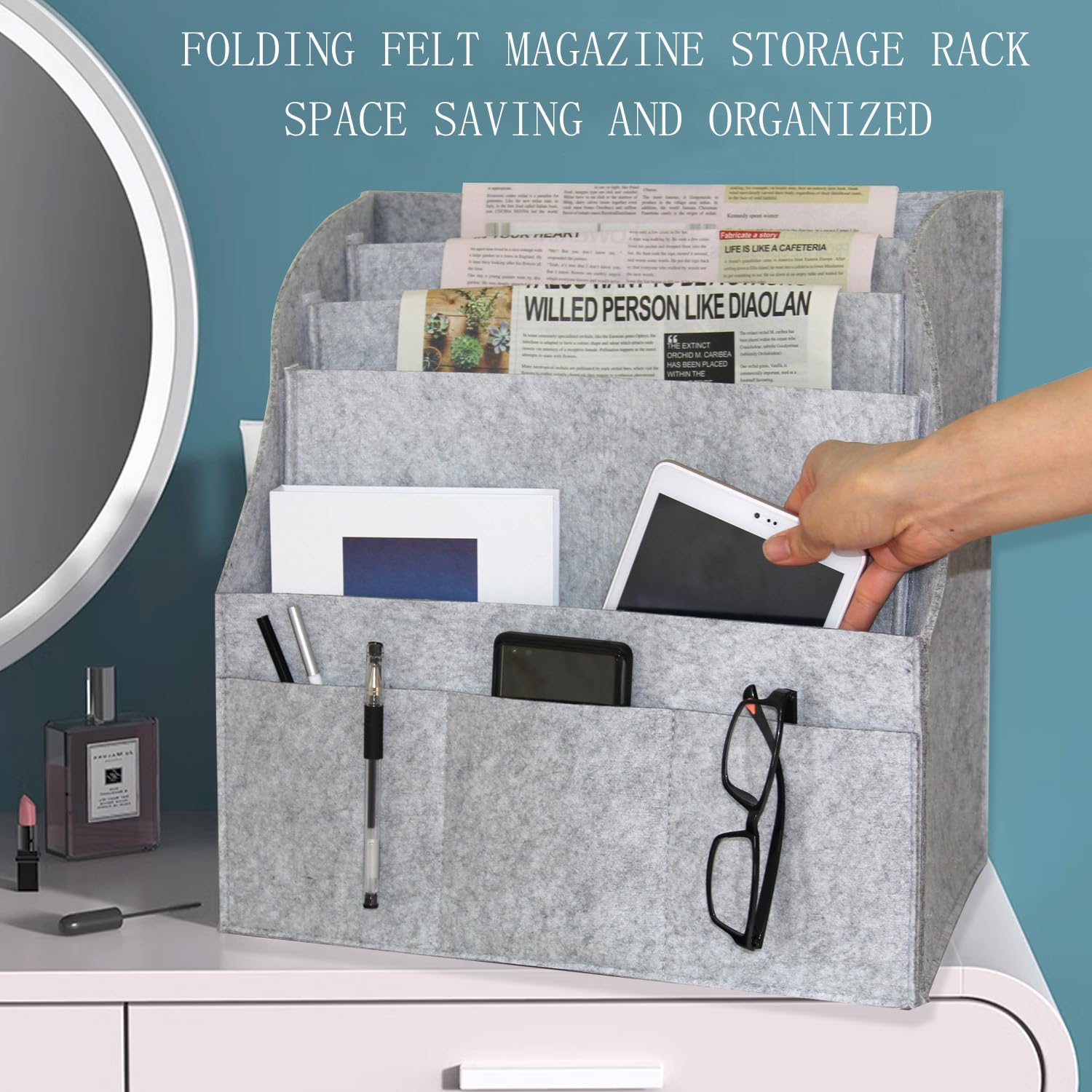 Magazine rack, stepped three-layer newspaper rack,foldable magazine storage basket,felt file rack manager,magazine storage,newspapers,remote control, glasses,mobile phone,tablet computer (grey)