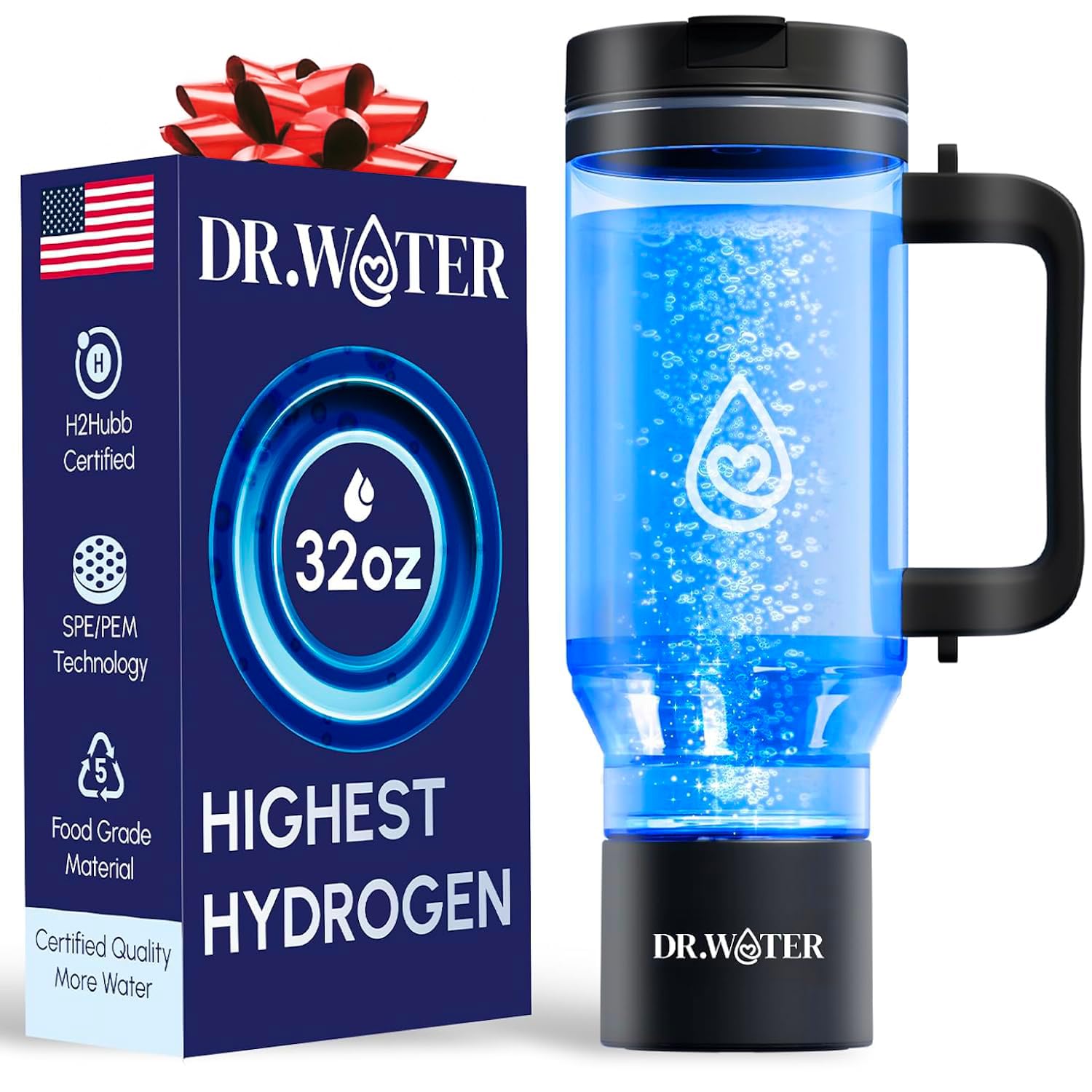 Hydrogen Water Bottle 32 Oz – Portable BPA Free Generator Tumbler with SPE/PEM Technology | Large Hydrogen Flask for Daily Hydration & Energy | H2 Infused Drinking Bottle Black by Dr Water
