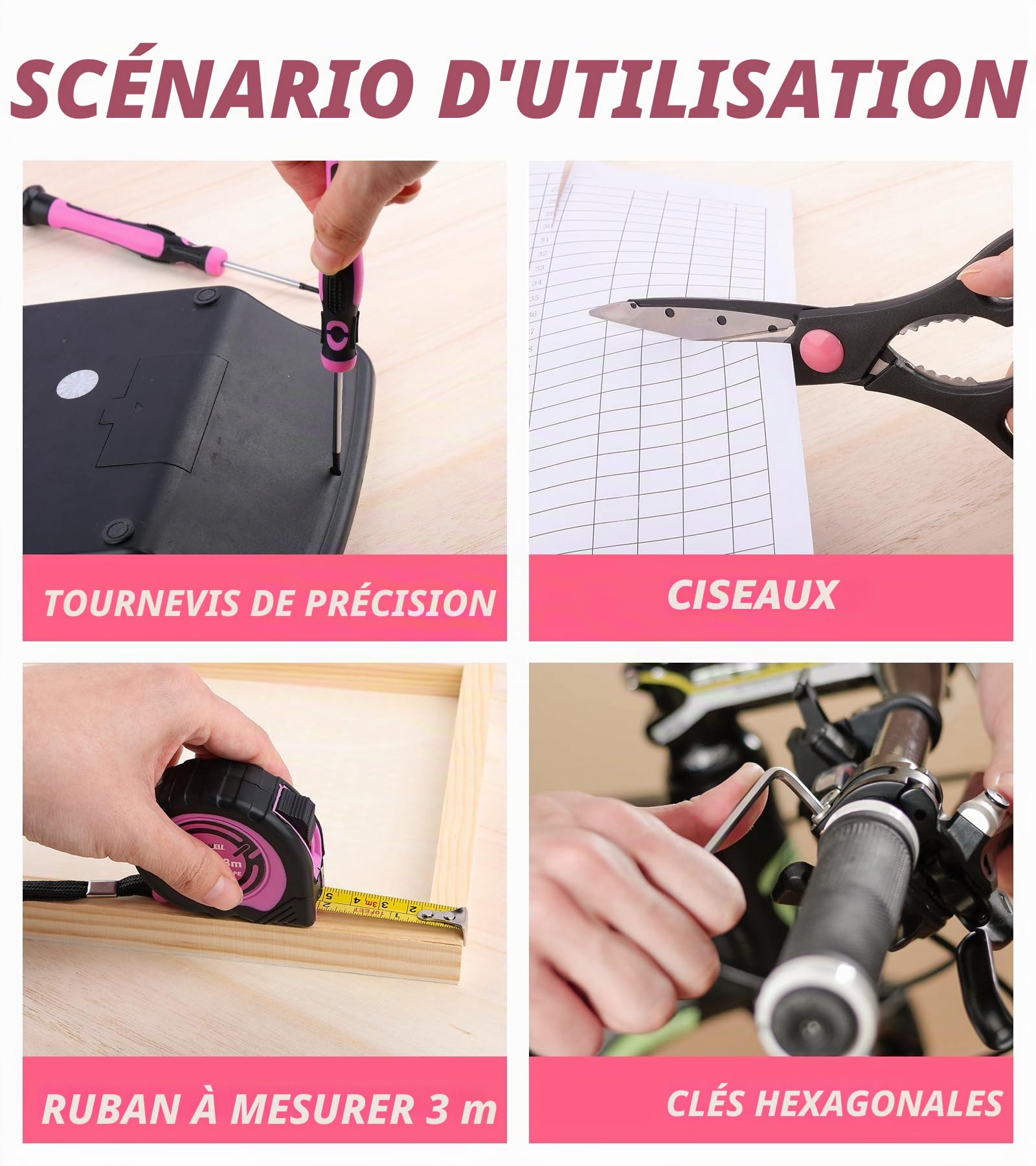 DOWELL Ensemble d'outils rose 140 pièces pour femmes, filles, dames, Set d'outils ménagers avec sac de transport de 35,6 cm