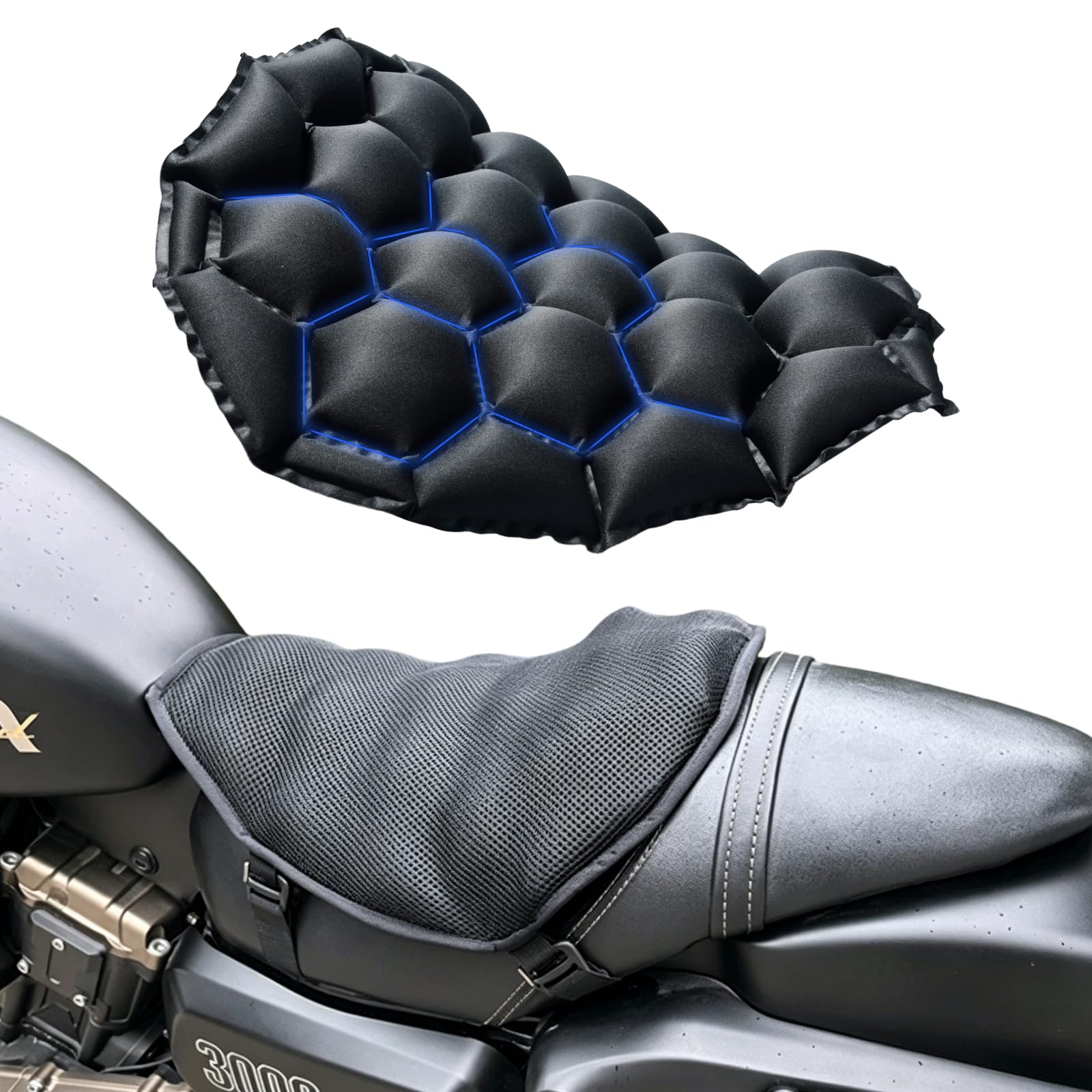 Cojín para Asiento de Moto – Inflable y Rellenable con Agua 2 en 1, Amortiguación Universal, Diseño Ergonómico, Base Antideslizante y Correas, Ideal para Viajes Largos (Negro)