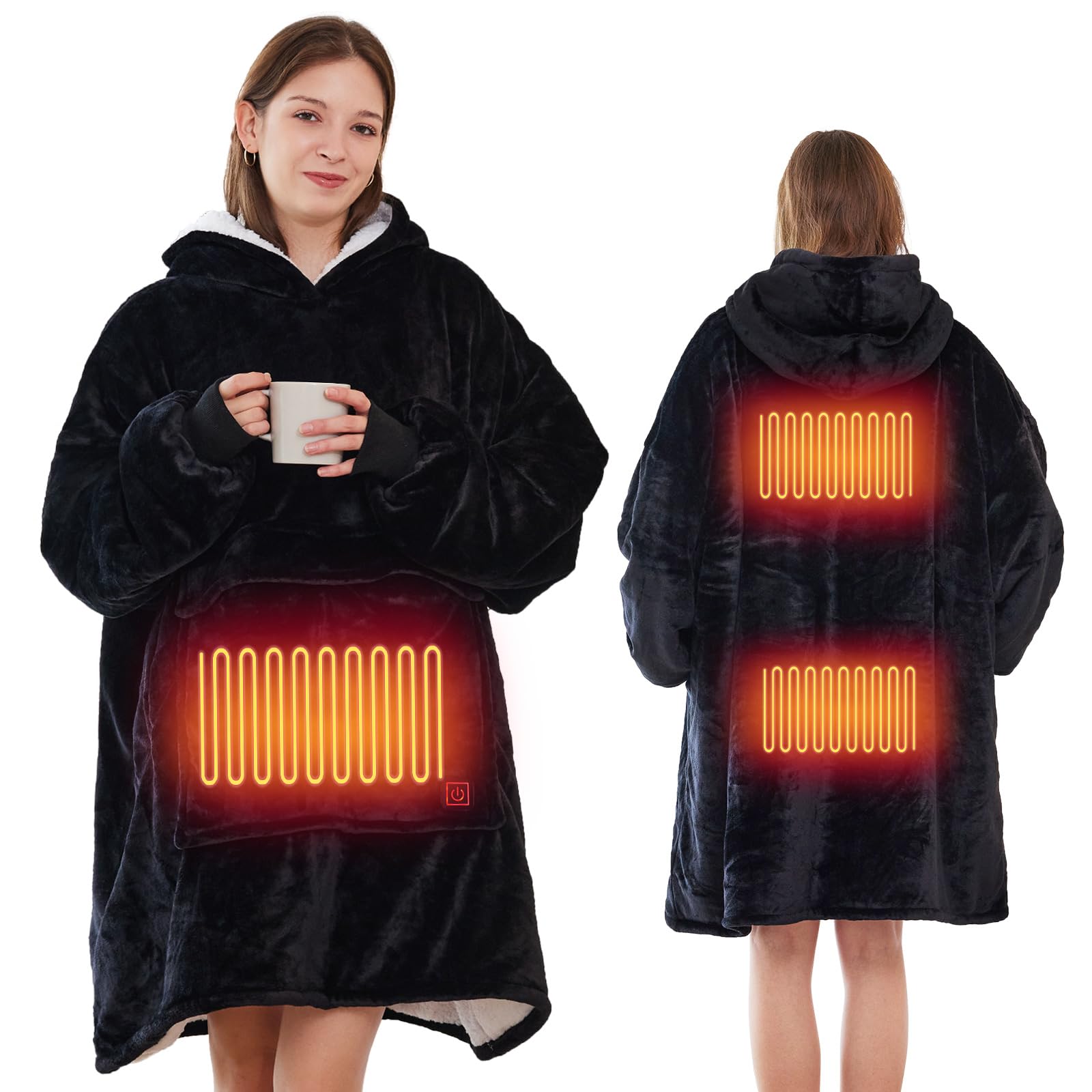 Askyli Wearable Heated Blanket Hoodie, USB Heated Oversized Hooded Blanket Adult 3 Heat Settings, Overheat Protection Cozy Warm Heated Hoodie Blanket Sweatshirt for Women with Sleeves & Giant Pocket