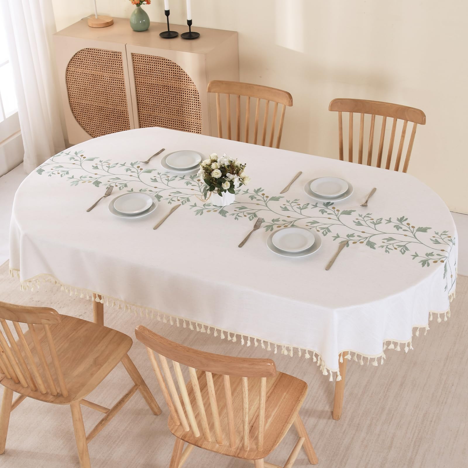 SUCHDECO Tischdecke Beige Sticken & Quaste Tischtuch Abwaschbar Küchentischdecke Rechteckig für Geburtstag Party Hochzeit, Tischwäsche Home Deko