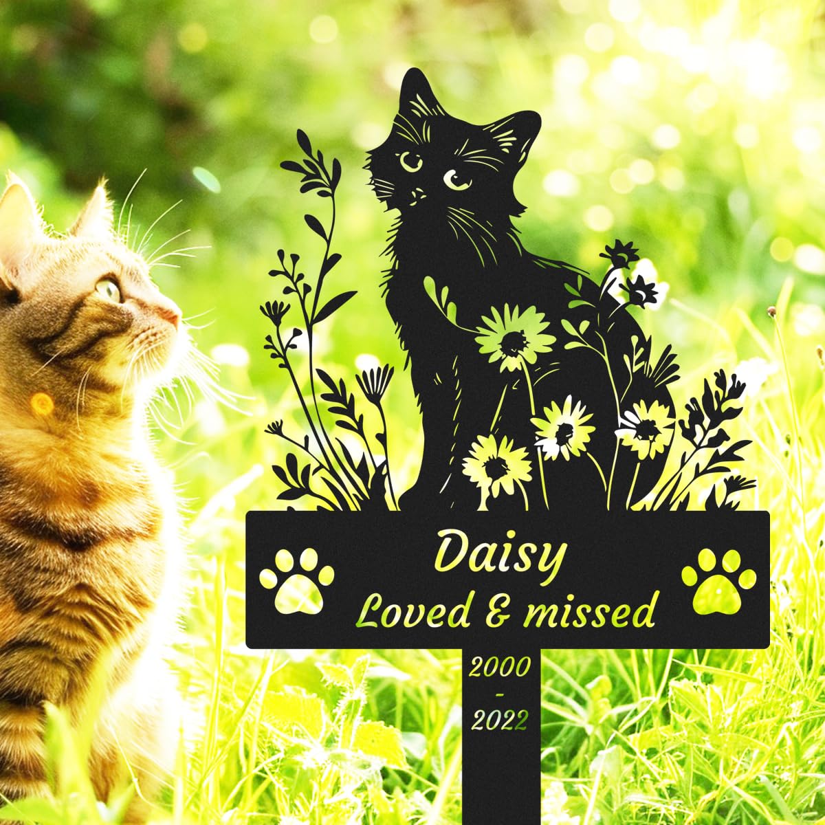 Adthyuxq 2 Custom Flowers Cat Memorial Grave Marker With Paws, Personalised Memorial Garden Stake For Cat Outdoor Headstone Tombstone Sympathy Gift, Customized Waterproof Metal Cat Burial Plaque