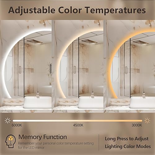 Miniatura 9 de Espejo LED de media luna para baño, espejo de tocador sin marco retroiluminado semicírculo con luces, espejo inteligente antiempañamiento regulable,