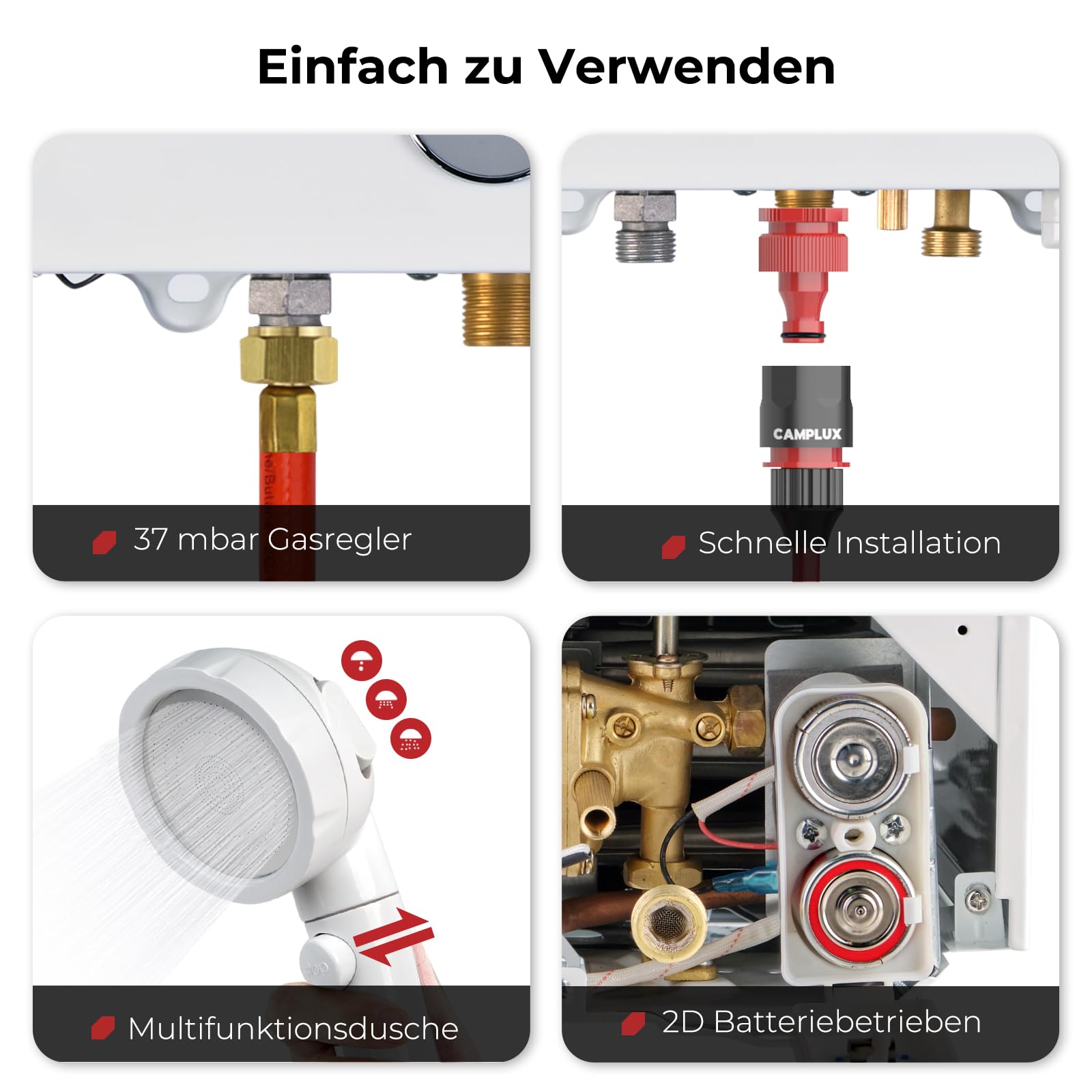 CAMPLUX BW158C Scaldacqua a Gas Tankless, 6 Litri, 12kW, Butano (28-30 mbar) / Propano (37 mbar), per Doccia da Campeggio