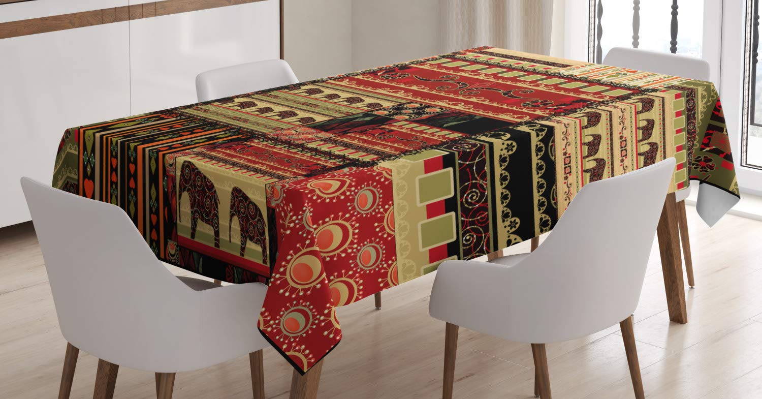 Ambesonne African Tablecloth, Patchwork Style Pattern withand Cultural Motifs Print, Rectangular Table Cover for Dining Room Kitchen Decor, 60" X 90", Green Red