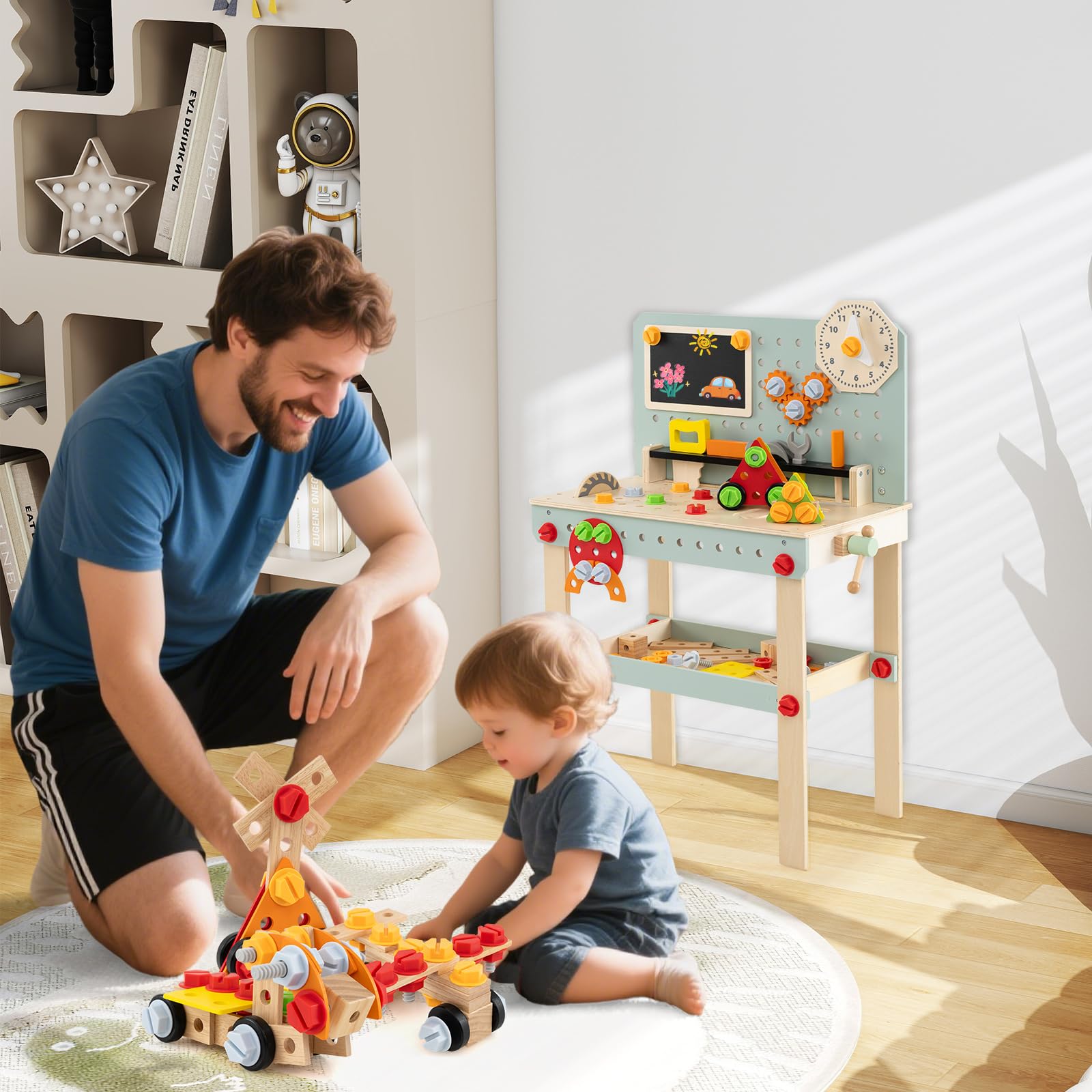 COSTWAY Drewniany stół warsztatowy dla dzieci, stół narzędziowy z tablicą i zestawem DIY, ławka narzędziowa dla dzieci z akcesoriami i półką, stół warsztatowy dla dzieci od 3 lat